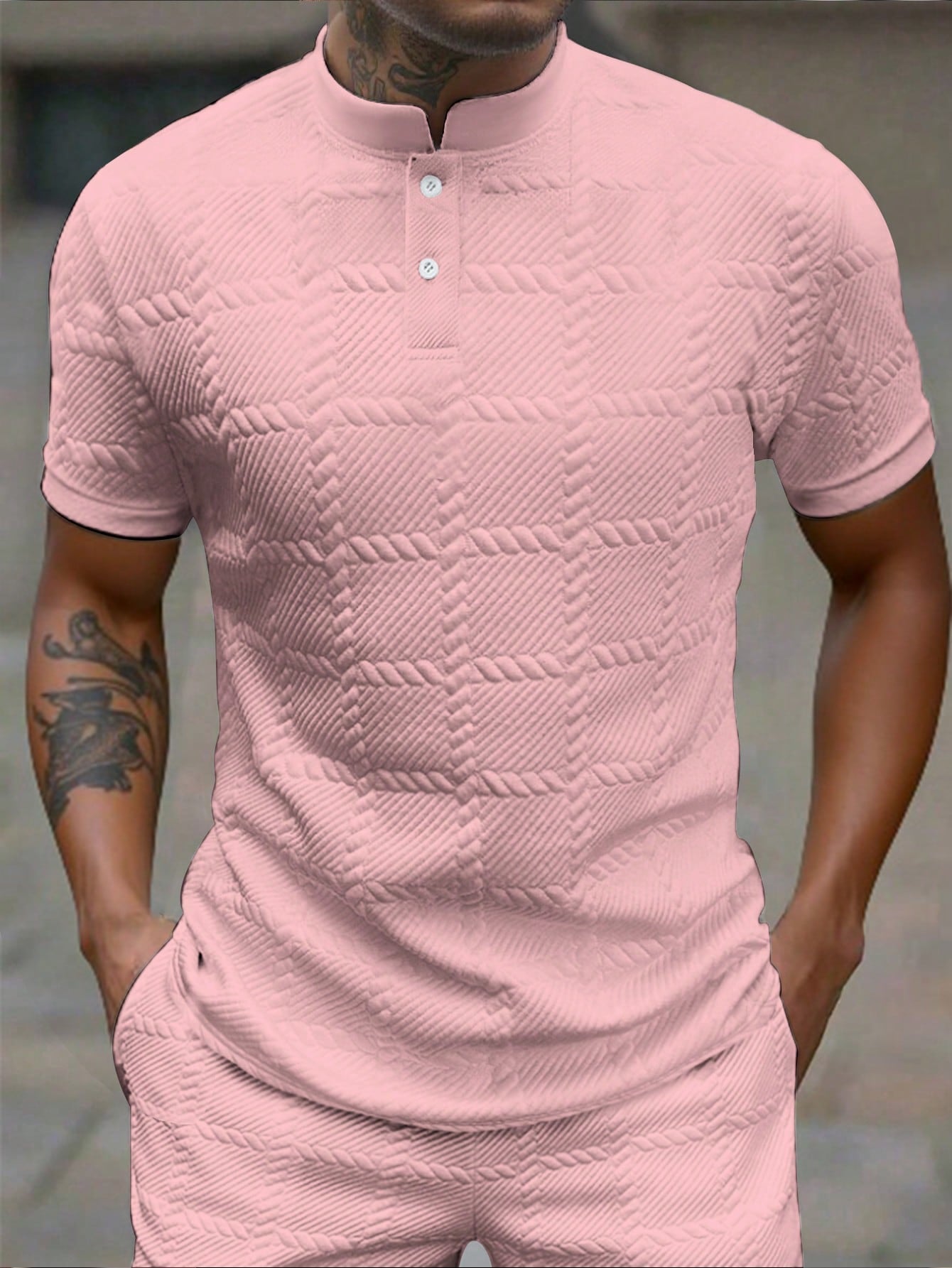 Camisa Polo Masculina Casual Gola Alta Botões Frontais Rosa / PP Camisa Polo Masculina Casual Gola Alta Botões Frontais