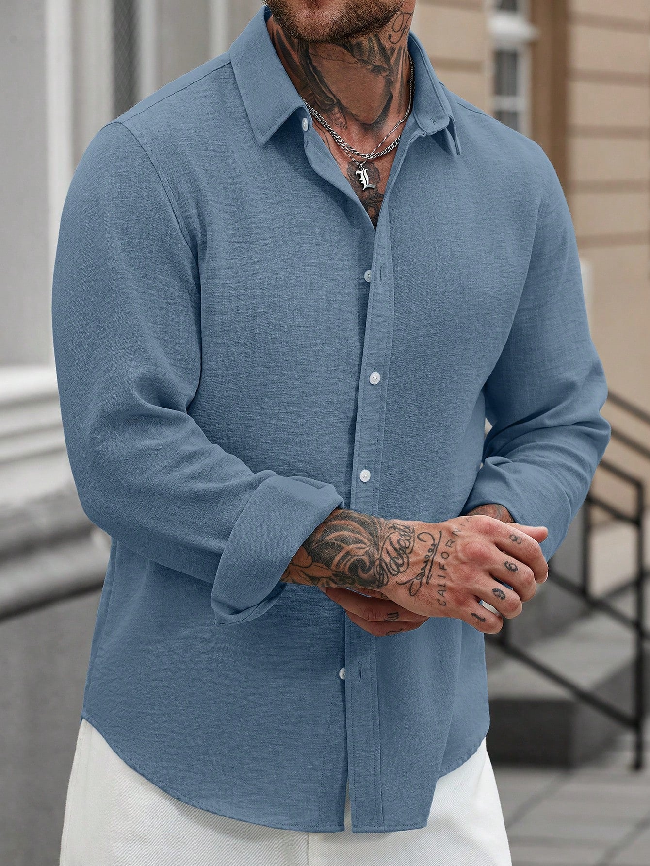 Camisa Masculina De Botão Manga Longa Caimento Relaxado Camisa Masculina De Botão Manga Longa Caimento Relaxado