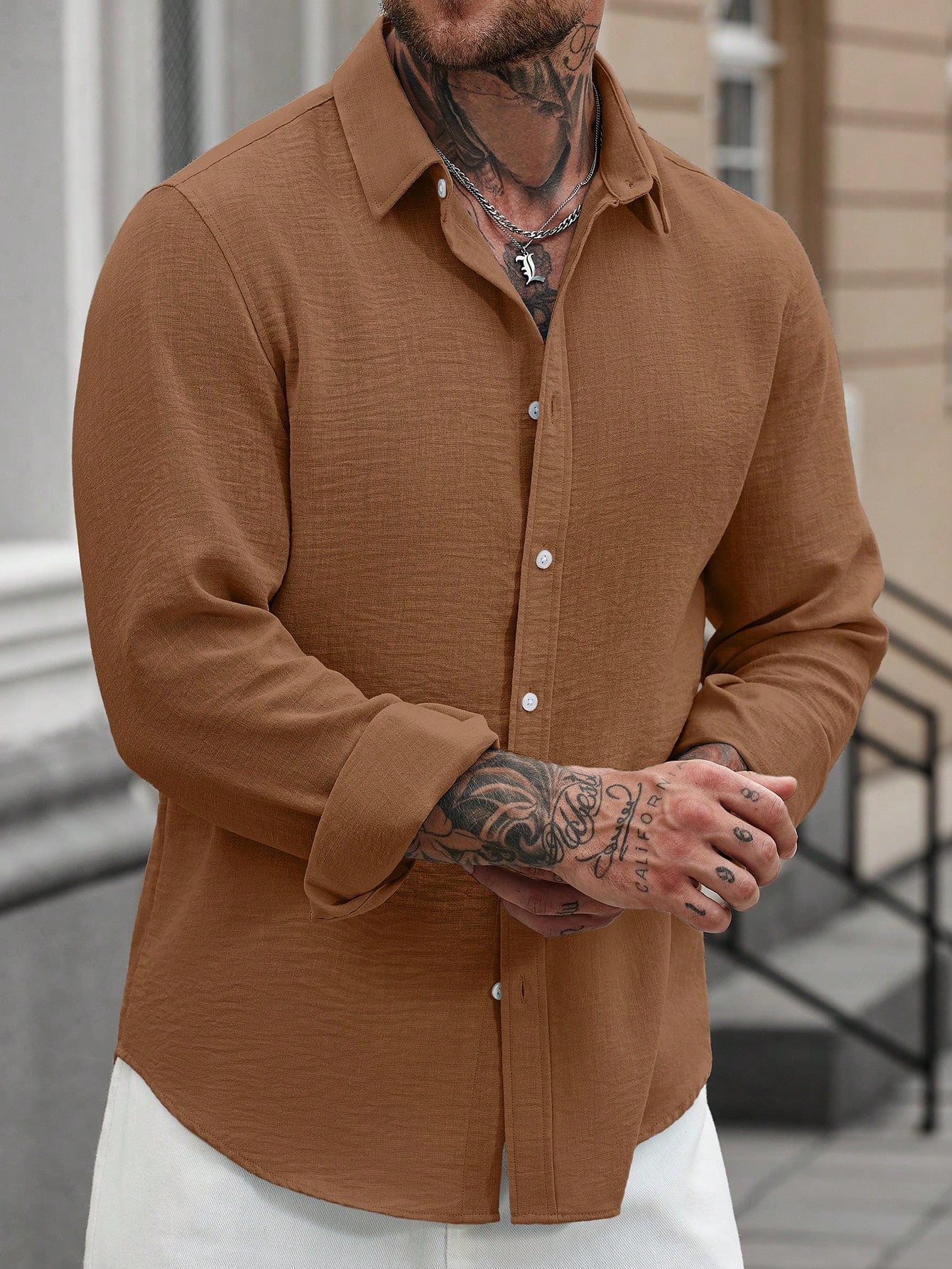 Camisa Masculina De Botão Manga Longa Caimento Relaxado Camisa Masculina De Botão Manga Longa Caimento Relaxado