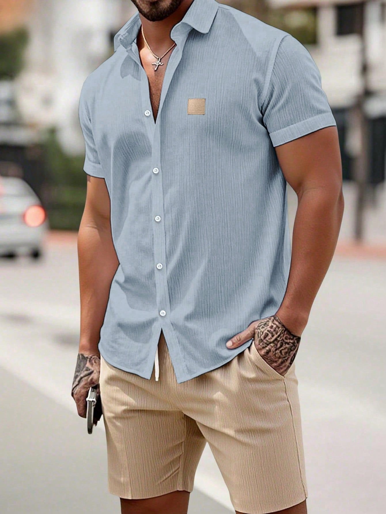 Conjunto Masculino Camisa Manga Curta E Shorts Confortáveis Cinza / PP Conjunto Masculino Camisa Manga Curta E Shorts