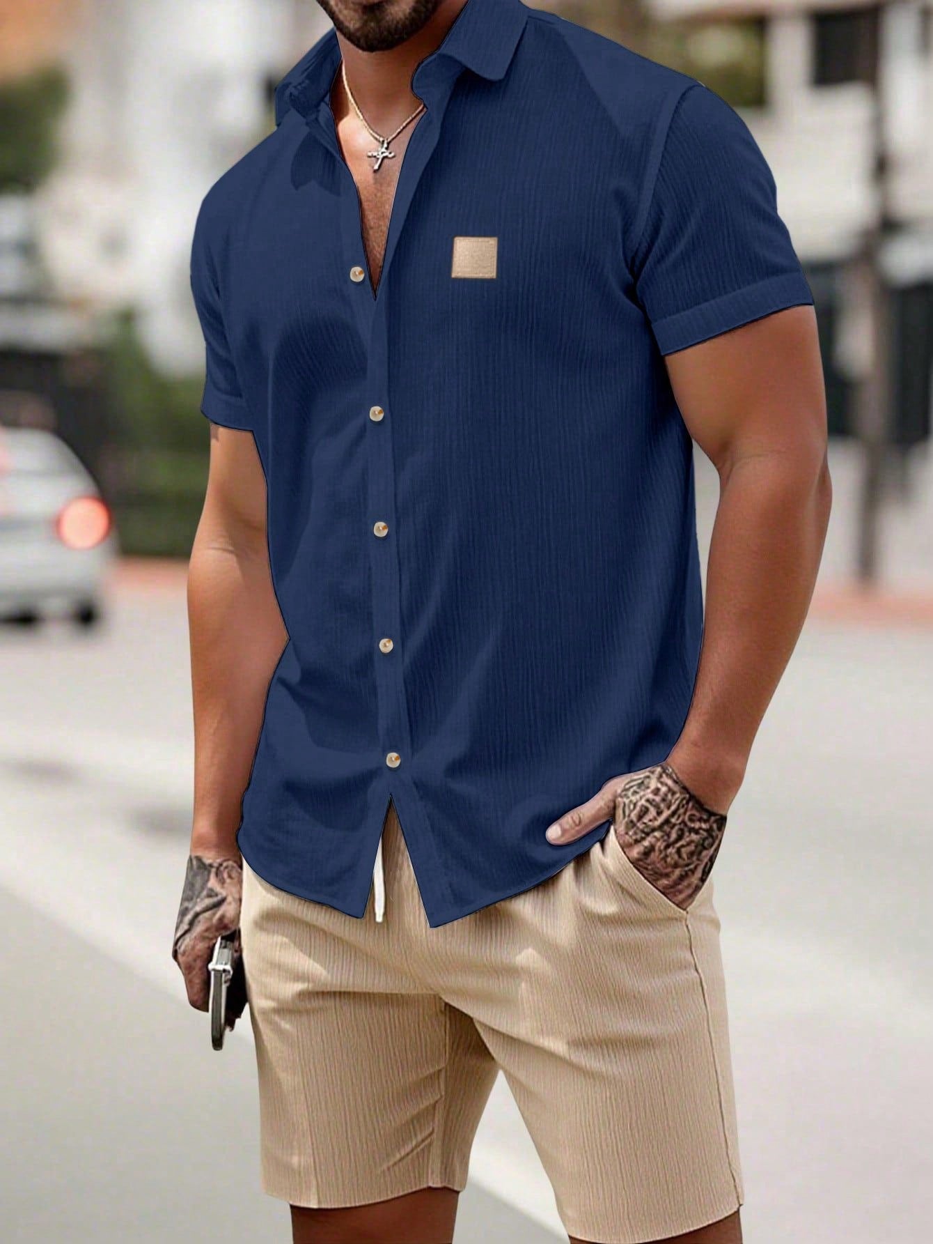 Conjunto Masculino Camisa Manga Curta E Shorts Confortáveis Azul Marinho / PP Conjunto Masculino Camisa Manga Curta E