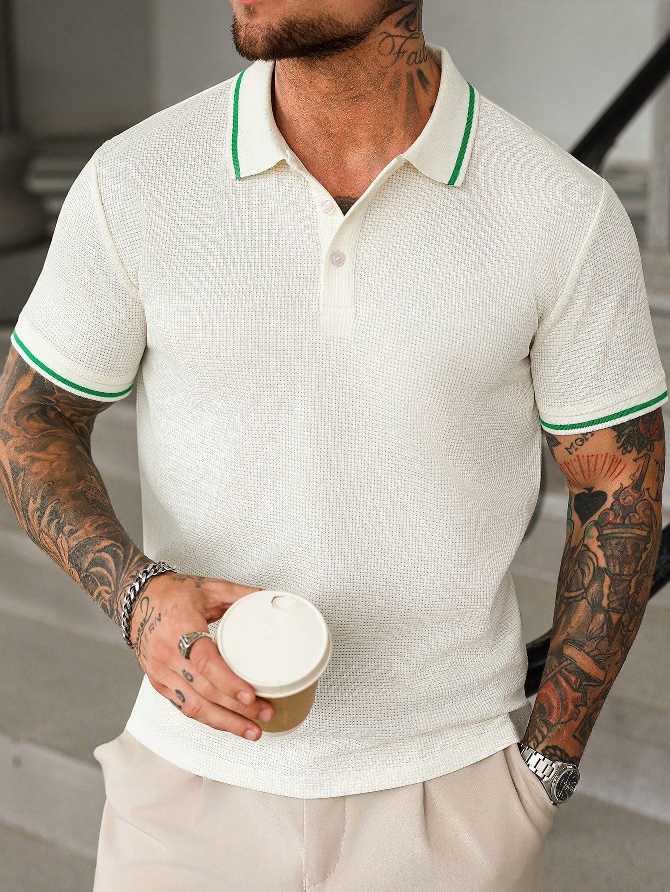 Camisa Polo Masculina Detalhe Contrastante Textura Fina Damasco / PP Camisa Polo Masculina Detalhe Contrastante Textura