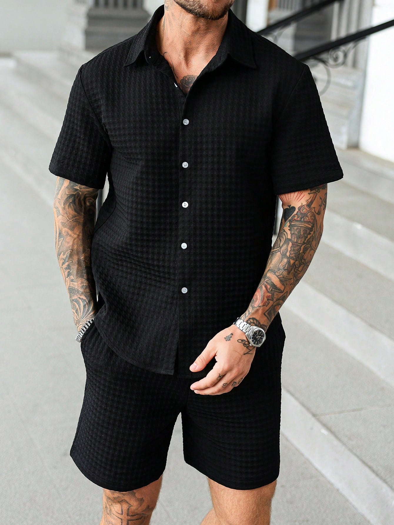 Conjunto Masculino Camiseta Estampa Digital E Shorts Estilo Street Preto / PP Conjunto Masculino Camiseta Estampa