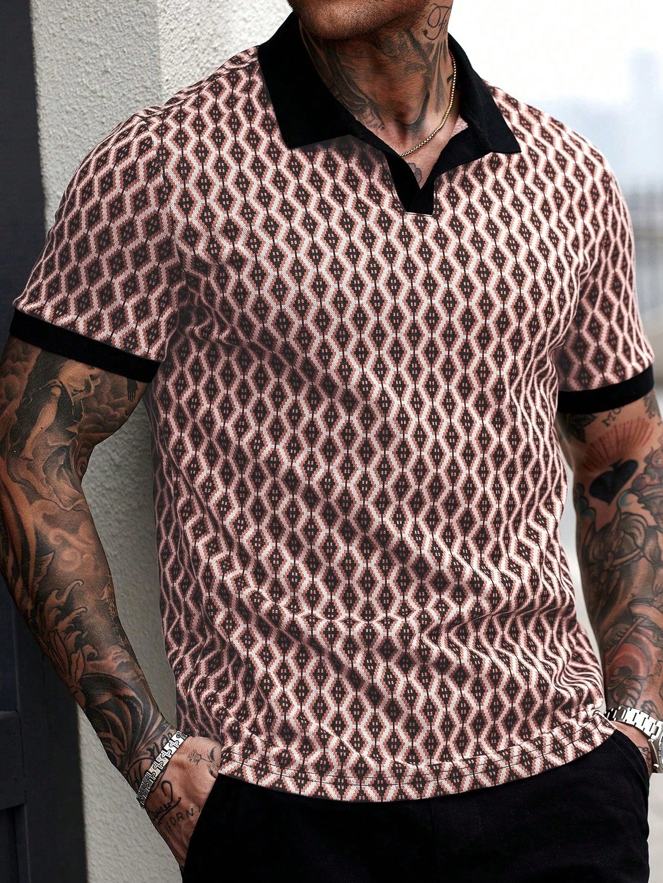 Camisa Polo Masculina Tecido Jacquard Estampa Geométrica Rosa / PP Camisa Polo Masculina Tecido Jacquard Estampa