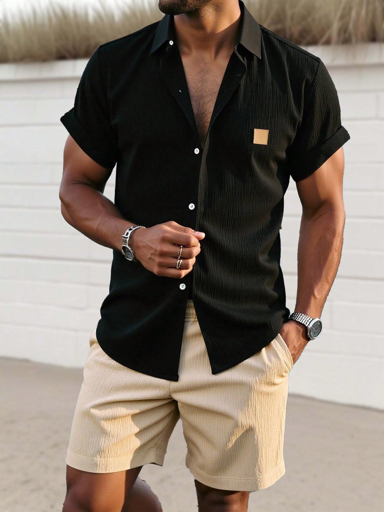 Conjunto Masculino Camisa Manga Curta E Shorts Confortáveis Preto / PP Conjunto Masculino Camisa Manga Curta E Shorts