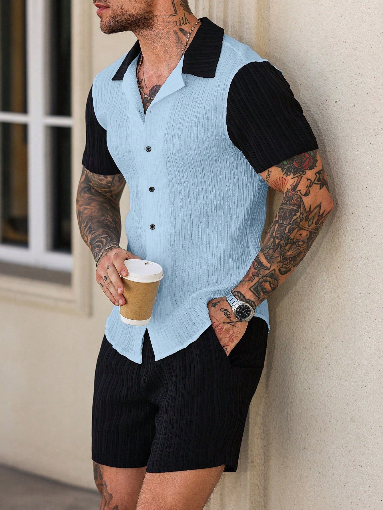 Conjunto Masculino Camisa Patchwork Manga Curta E Shorts Casuais Azul Bebê / PP Conjunto Masculino Camisa Patchwork