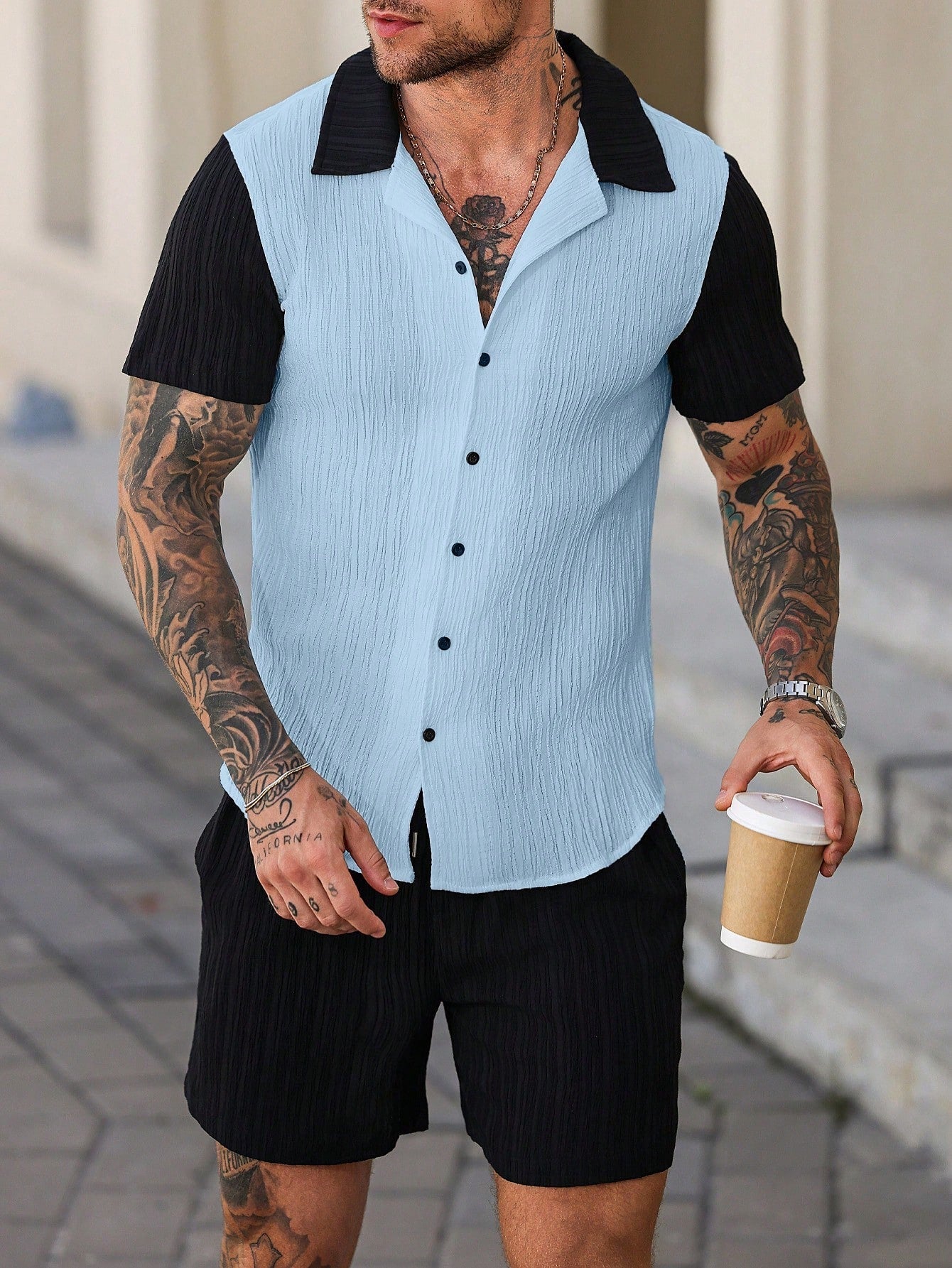 Conjunto Masculino Camisa Patchwork Manga Curta E Shorts Casuais Conjunto Masculino Camisa Patchwork Manga Curta E