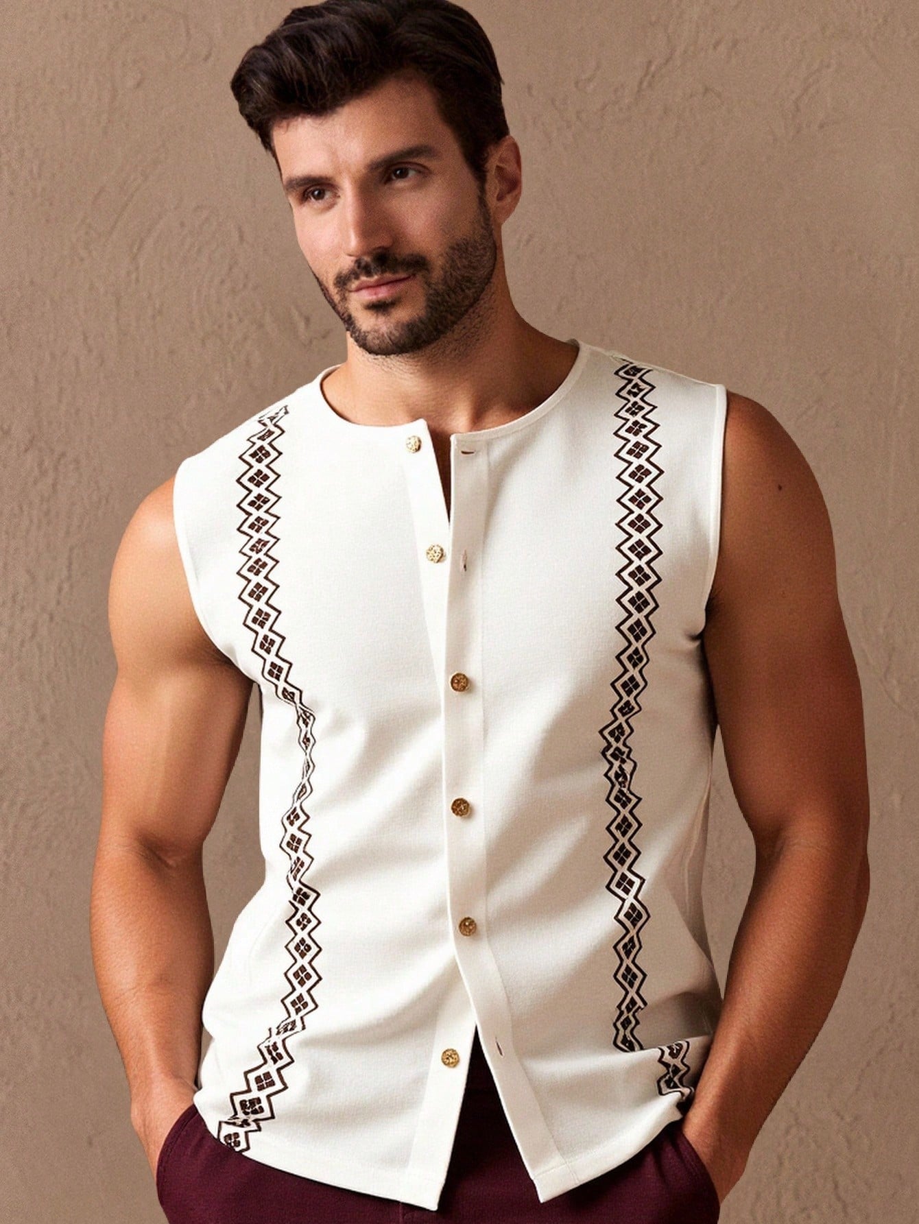 Camiseta Regata Masculina Vintage Estampa Geométrica Botões Camiseta Regata Masculina Vintage Estampa Geométrica Botões