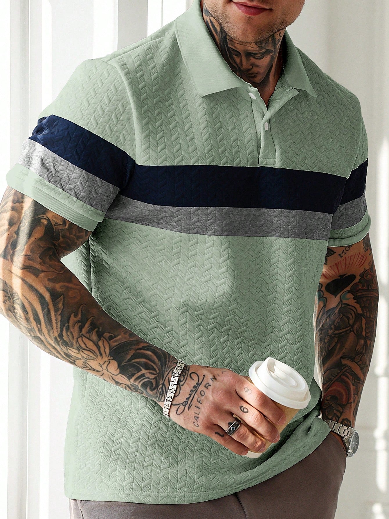 Camisa Polo Masculina Texturizada Listras Elegantes Verde Menta / PP Camisa Polo Masculina Texturizada Listras Elegantes