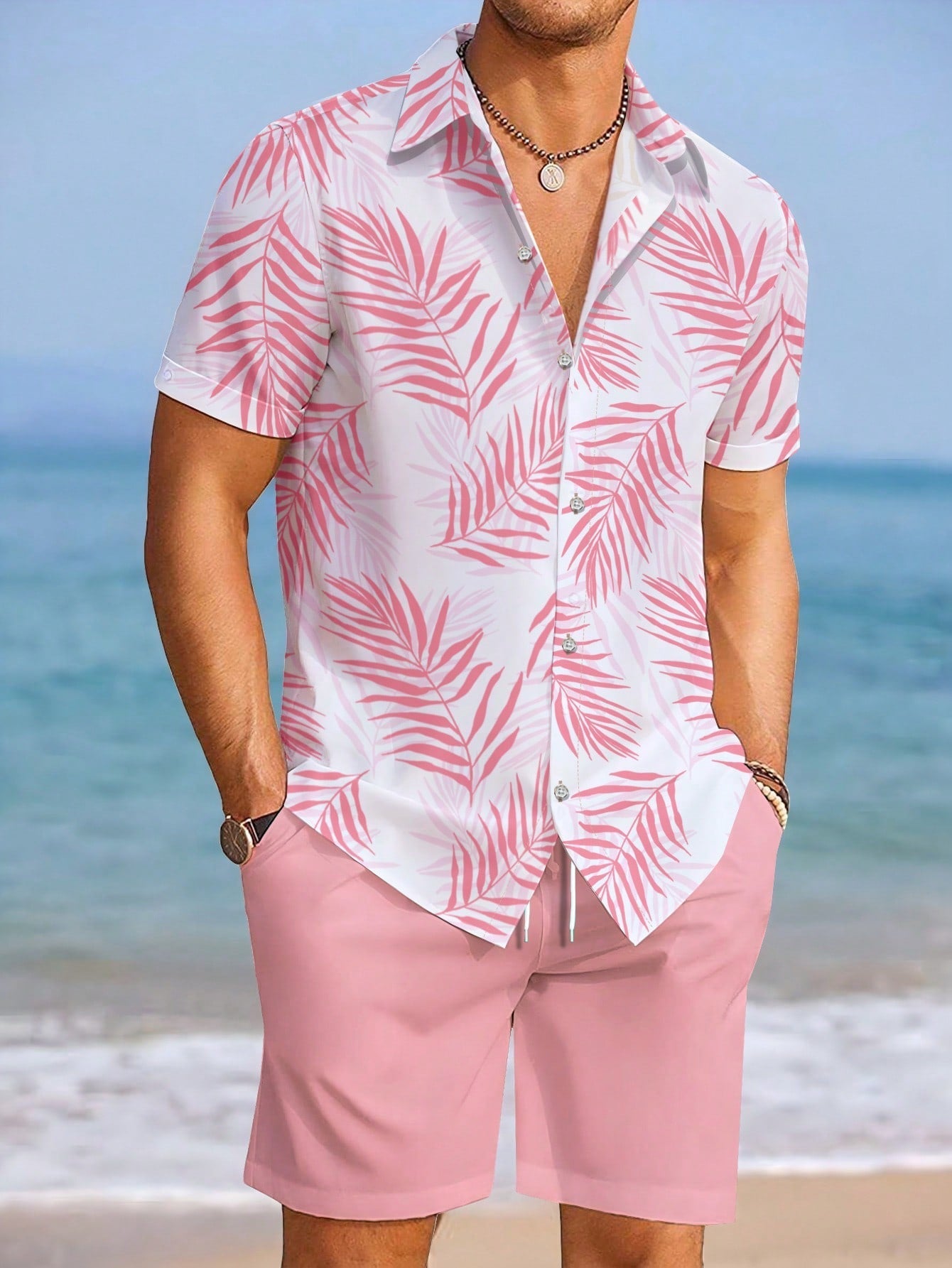 Conjunto Masculino Camisa Estampa Tropical E Shorts Casuais Rosa / PP Conjunto Masculino Camisa Estampa Tropical E