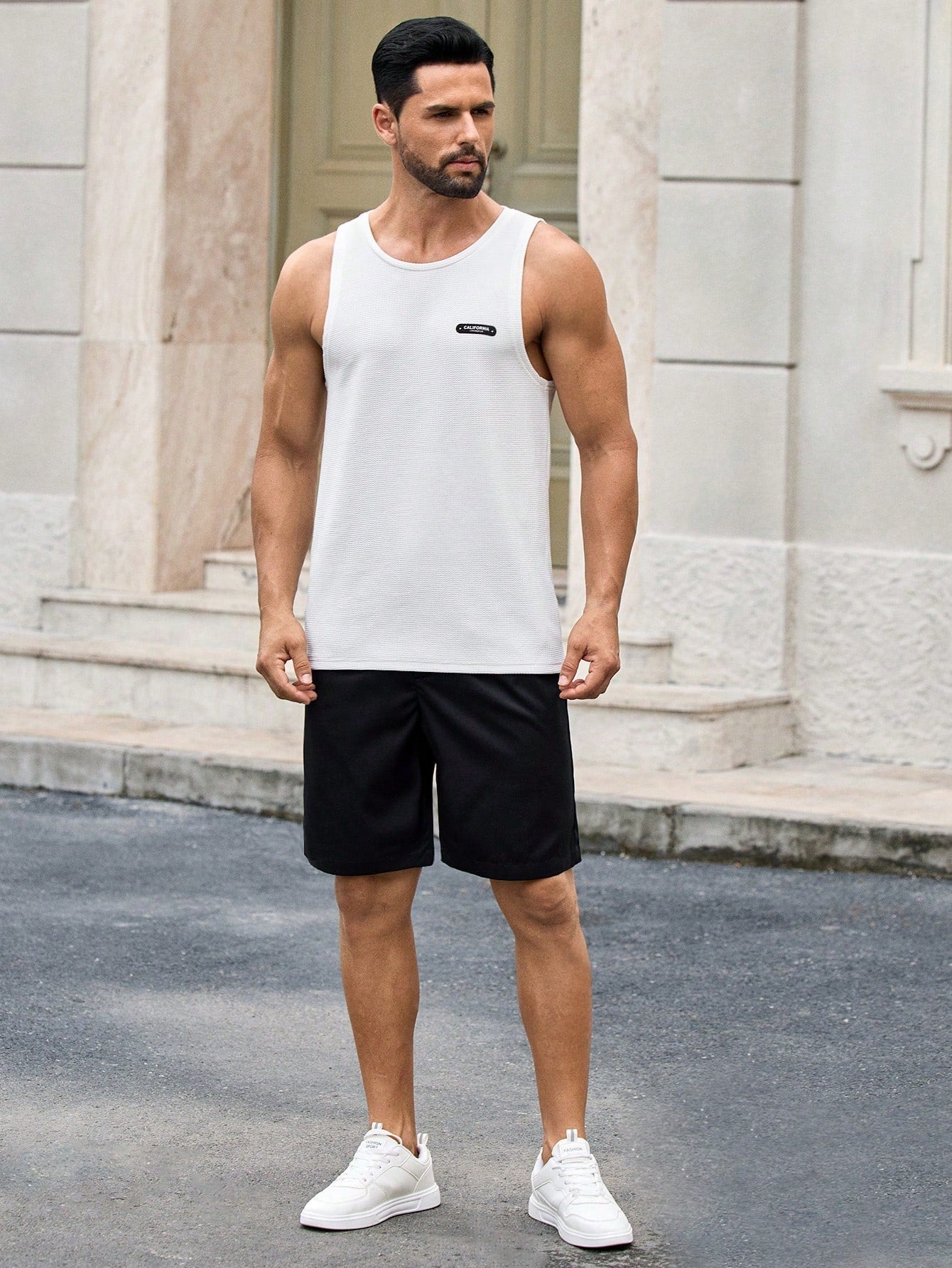 Camiseta Regata Masculina Casual Tricotada Patch Letra Camiseta Regata Masculina Casual Tricotada Patch Letra