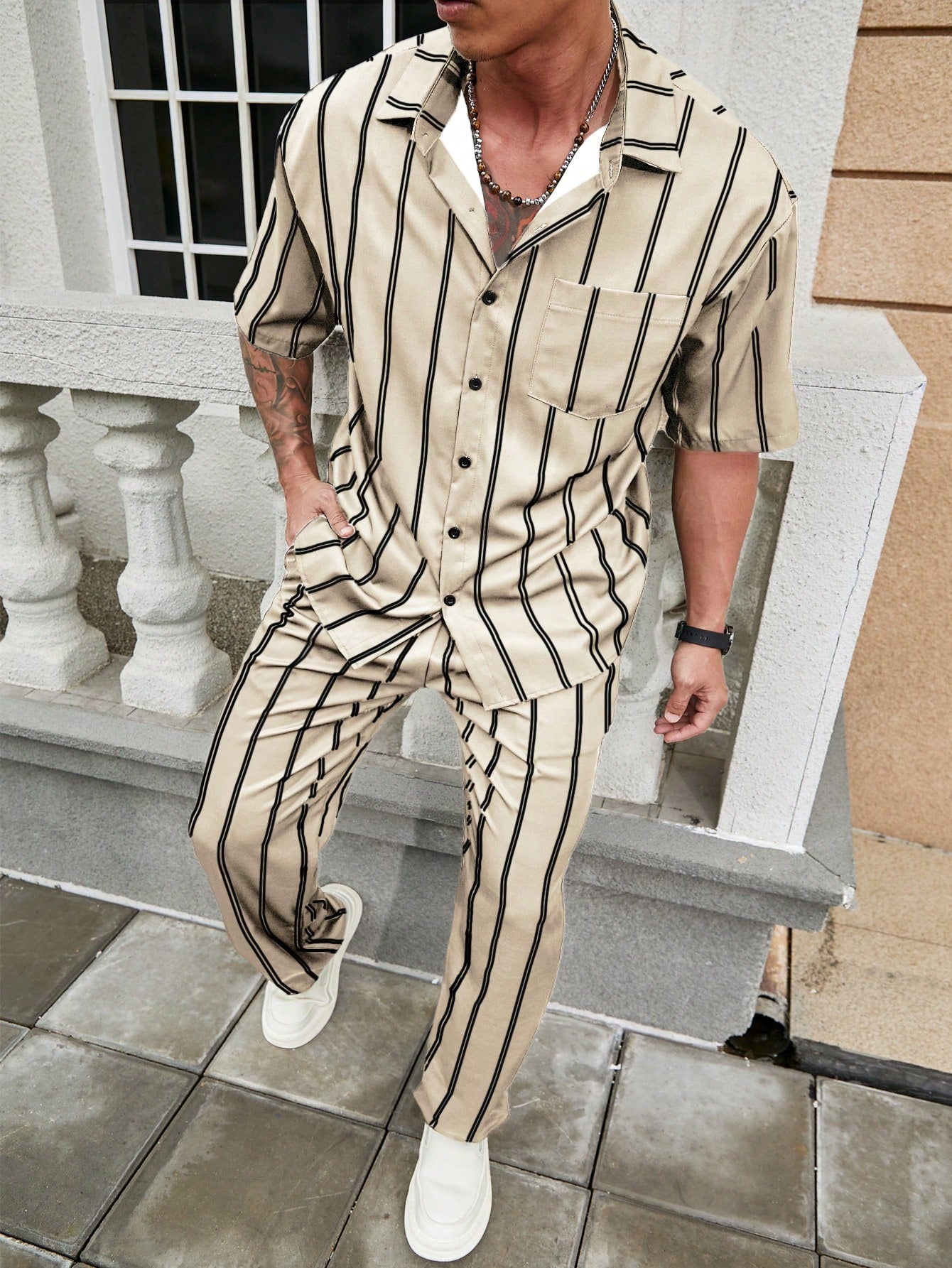 Conjunto Masculino Camisa Listrada E Calça Reta Estilo Verão Conjunto Masculino Camisa Listrada E Calça Reta Estilo