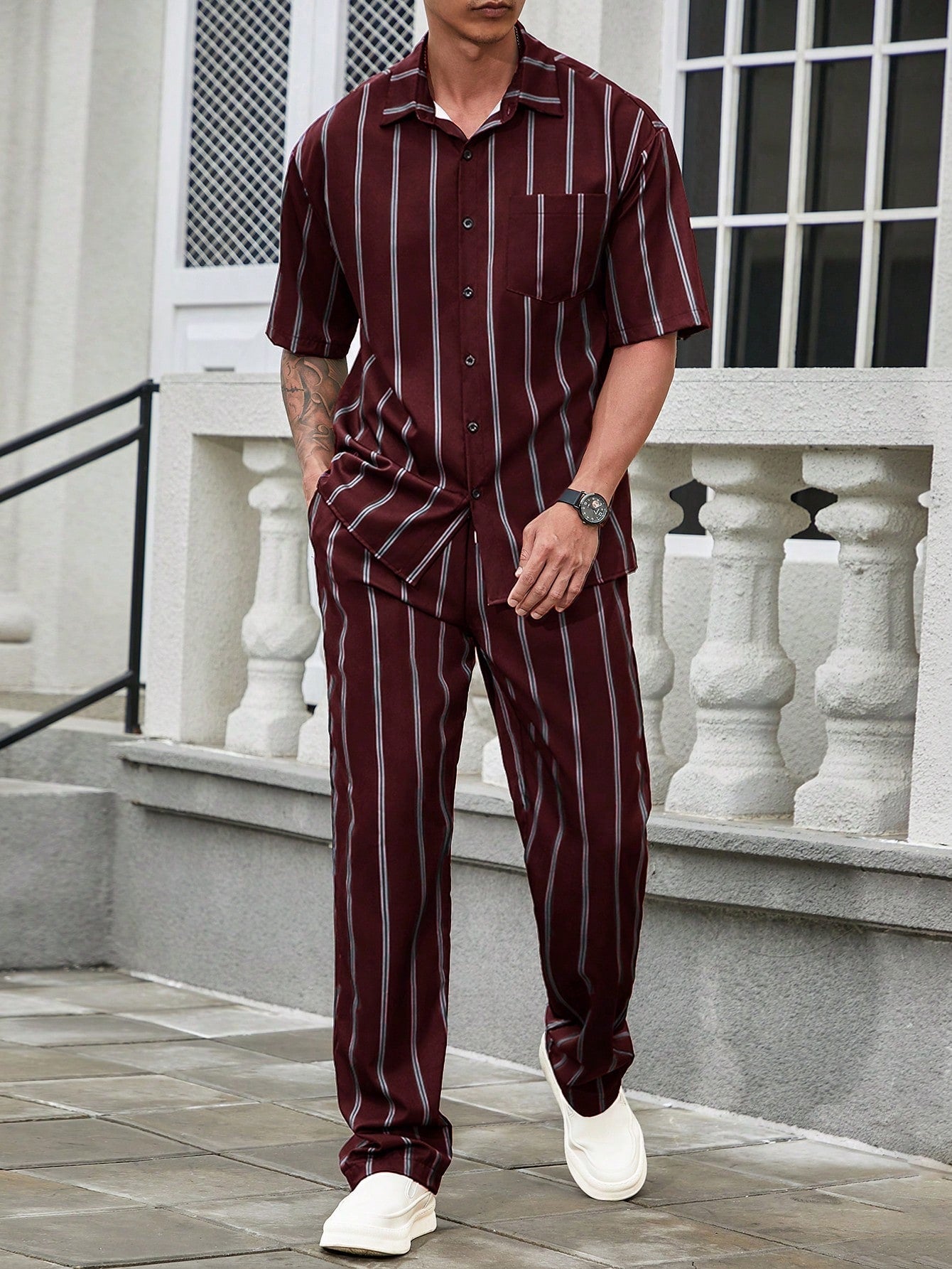 Conjunto Masculino Camisa Listrada E Calça Reta Estilo Verão Vinho / PP Conjunto Masculino Camisa Listrada E Calça Reta