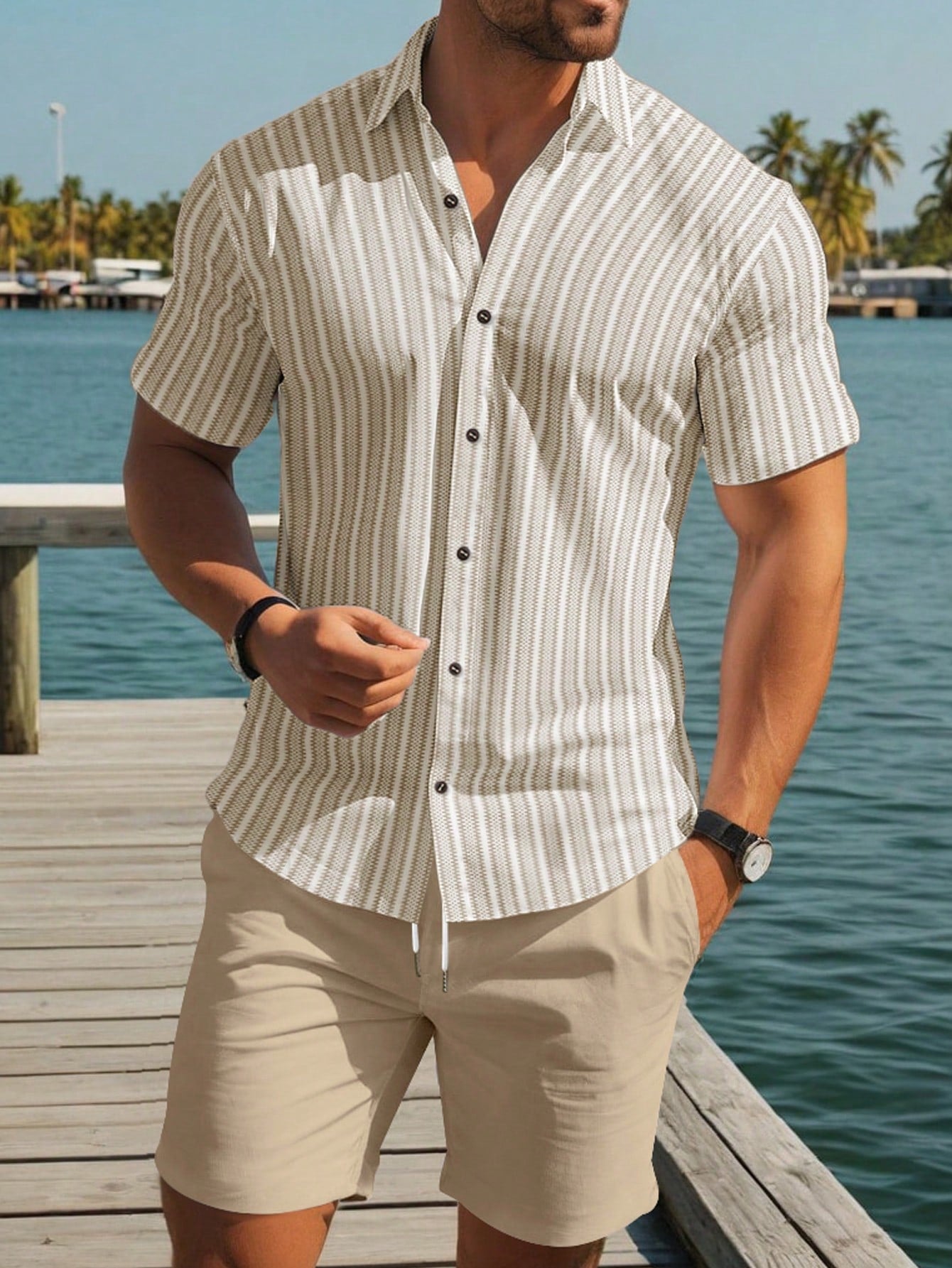 Conjunto Masculino Camisa Listrada Manga Curta E Bermuda Casual Damasco / PP Conjunto Masculino Camisa Listrada Manga