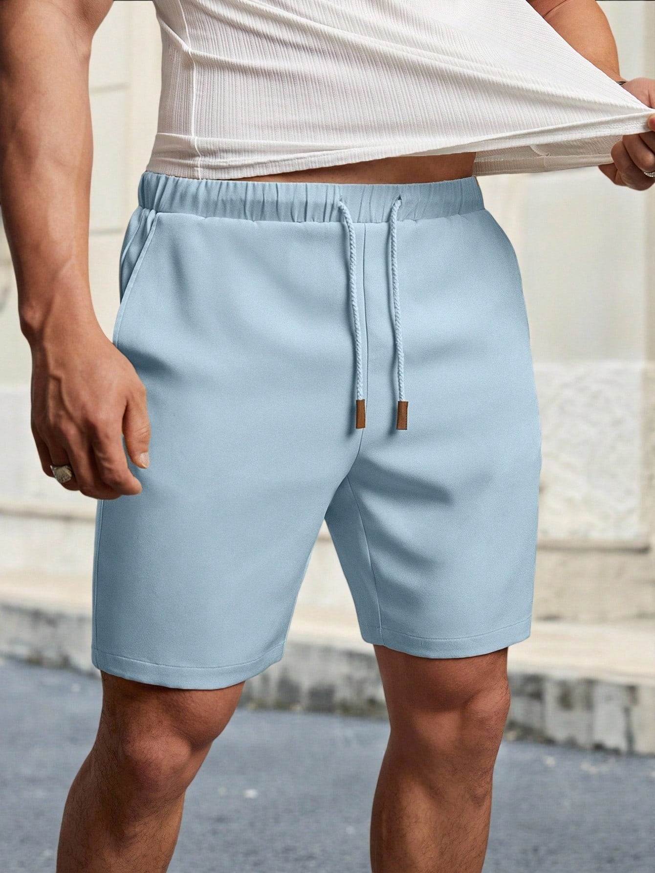 Shorts Masculino Casual Com Cós Elástico E Cordão Ajustável Azul Bebê / PP Shorts Masculino Casual Com Cós Elástico E