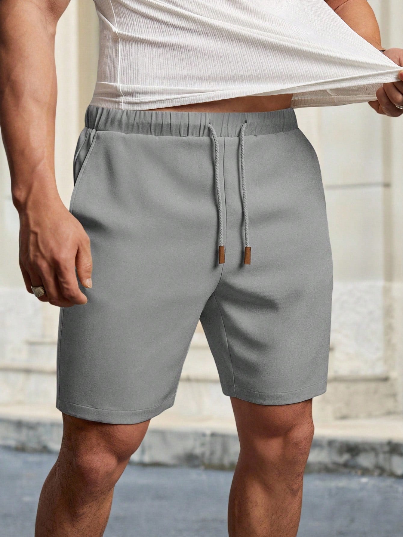 Shorts Masculino Casual Com Cós Elástico E Cordão Ajustável Cinza / PP Shorts Masculino Casual Com Cós Elástico E
