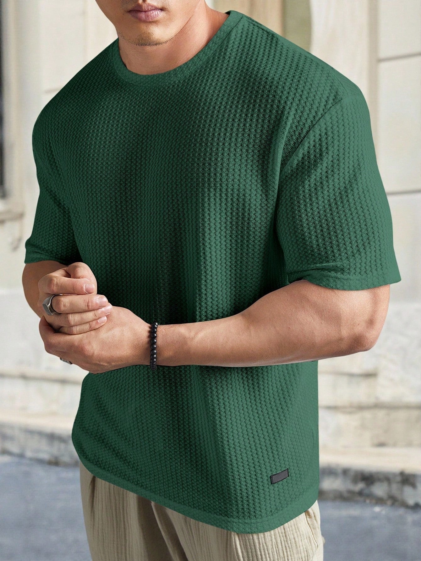 Camiseta Masculina Tricotada Textura Waffle Para Verão Camiseta Masculina Tricotada Textura Waffle Para Verão