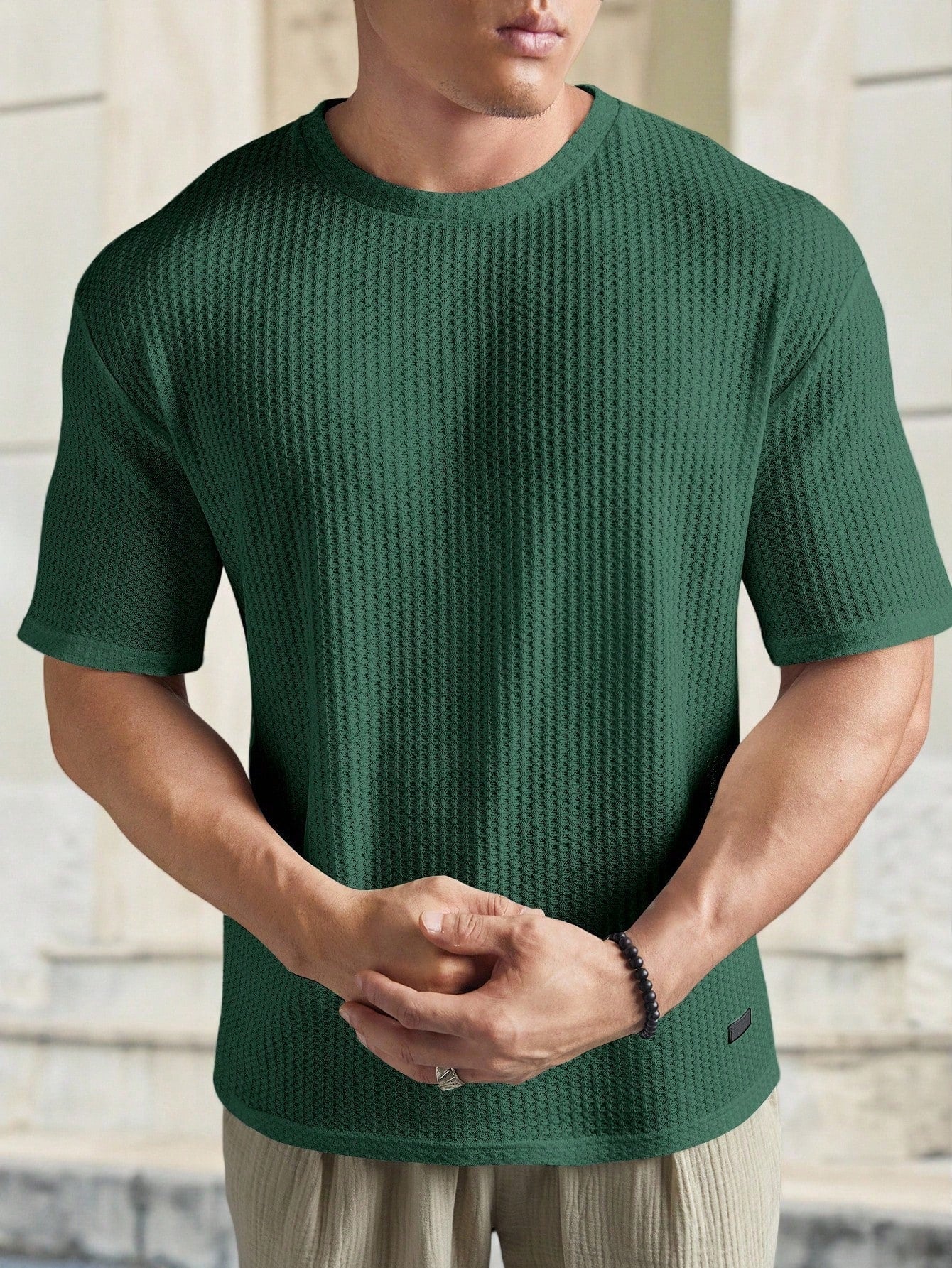 Camiseta Masculina Tricotada Textura Waffle Para Verão Verde Escuro / PP Camiseta Masculina Tricotada Textura Waffle