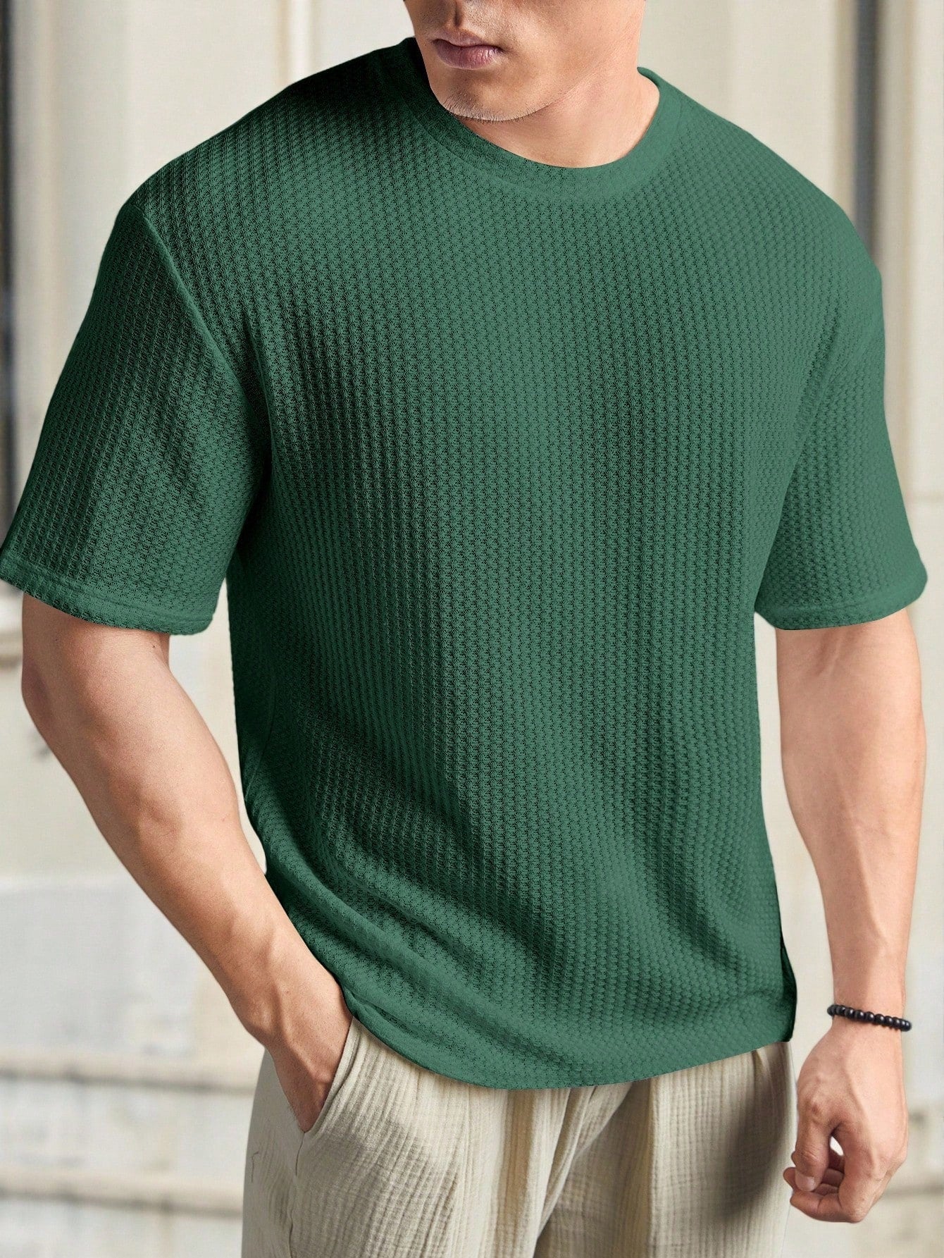 Camiseta Masculina Tricotada Textura Waffle Para Verão Camiseta Masculina Tricotada Textura Waffle Para Verão