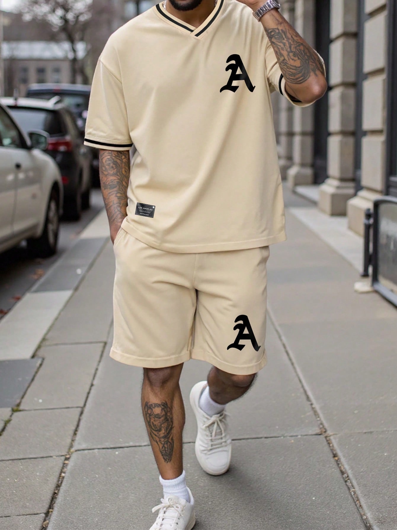 Conjunto Masculino Camiseta Com Estampa Letter Print E Bermuda Casual Caqui / PP Conjunto Masculino Camiseta Com