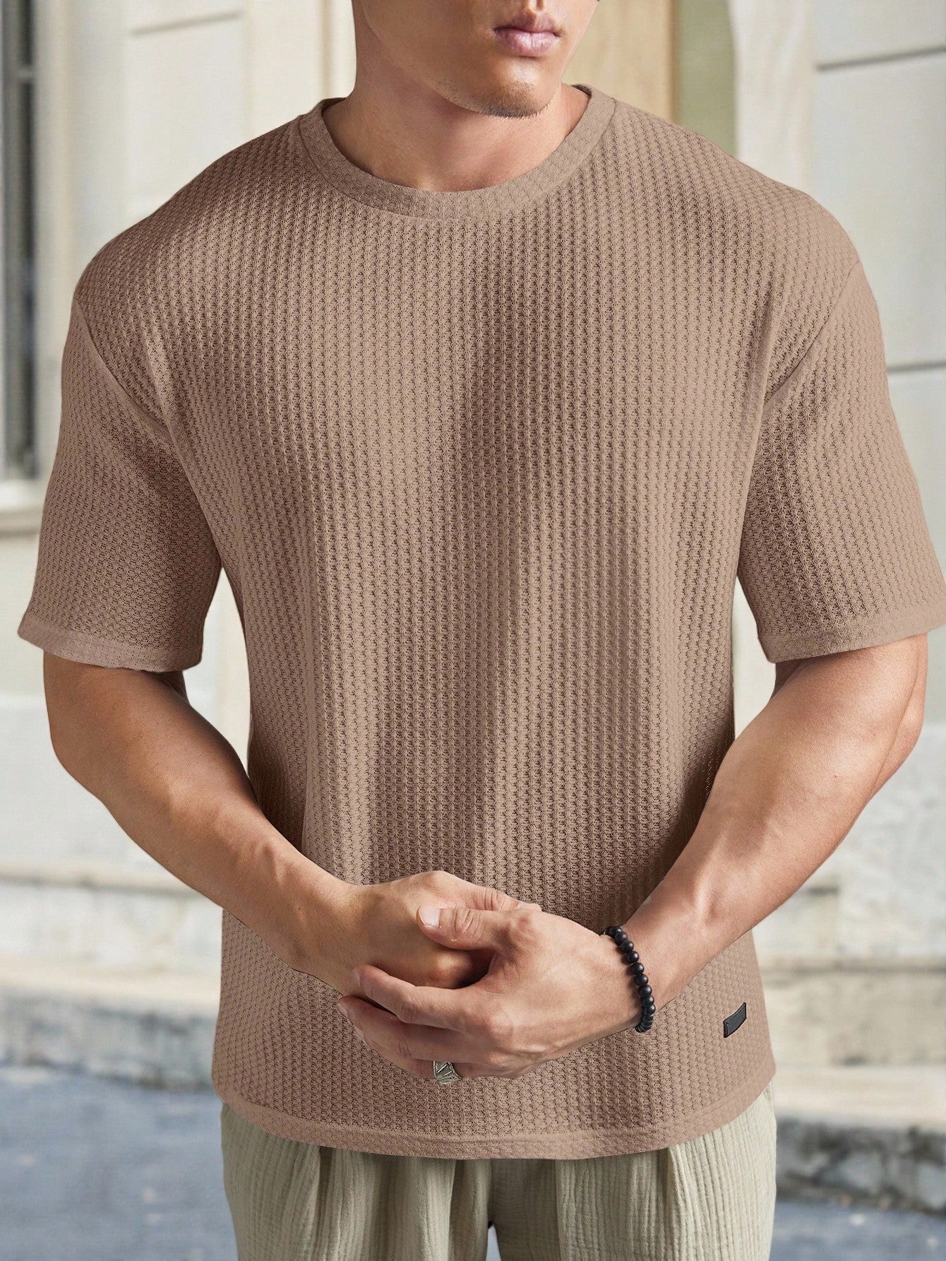 Camiseta Masculina Tricotada Textura Waffle Para Verão Damasco / PP Camiseta Masculina Tricotada Textura Waffle Para