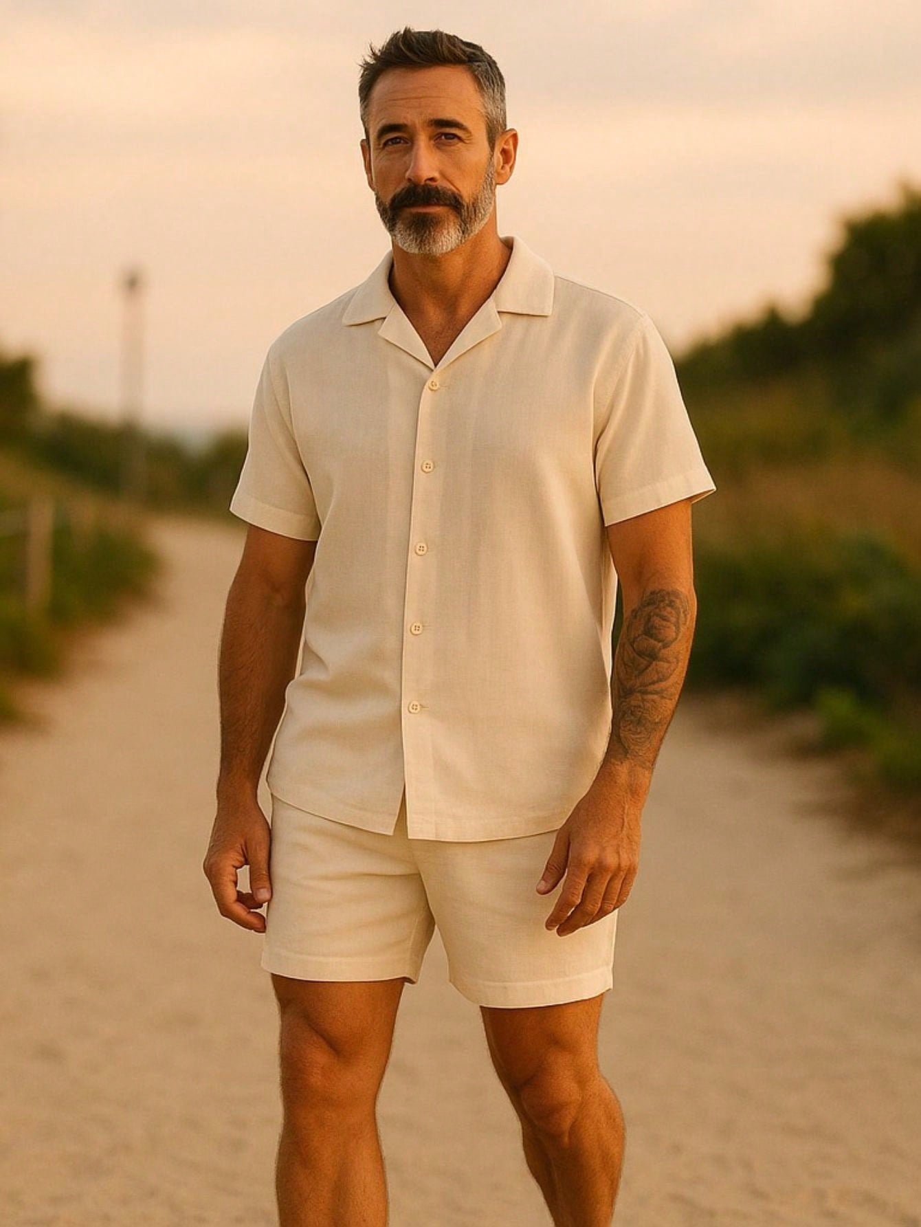 Conjunto Masculino Camisa De Botão E Shorts Em Viscose Branco / PP Conjunto Masculino Camisa De Botão E Shorts Em