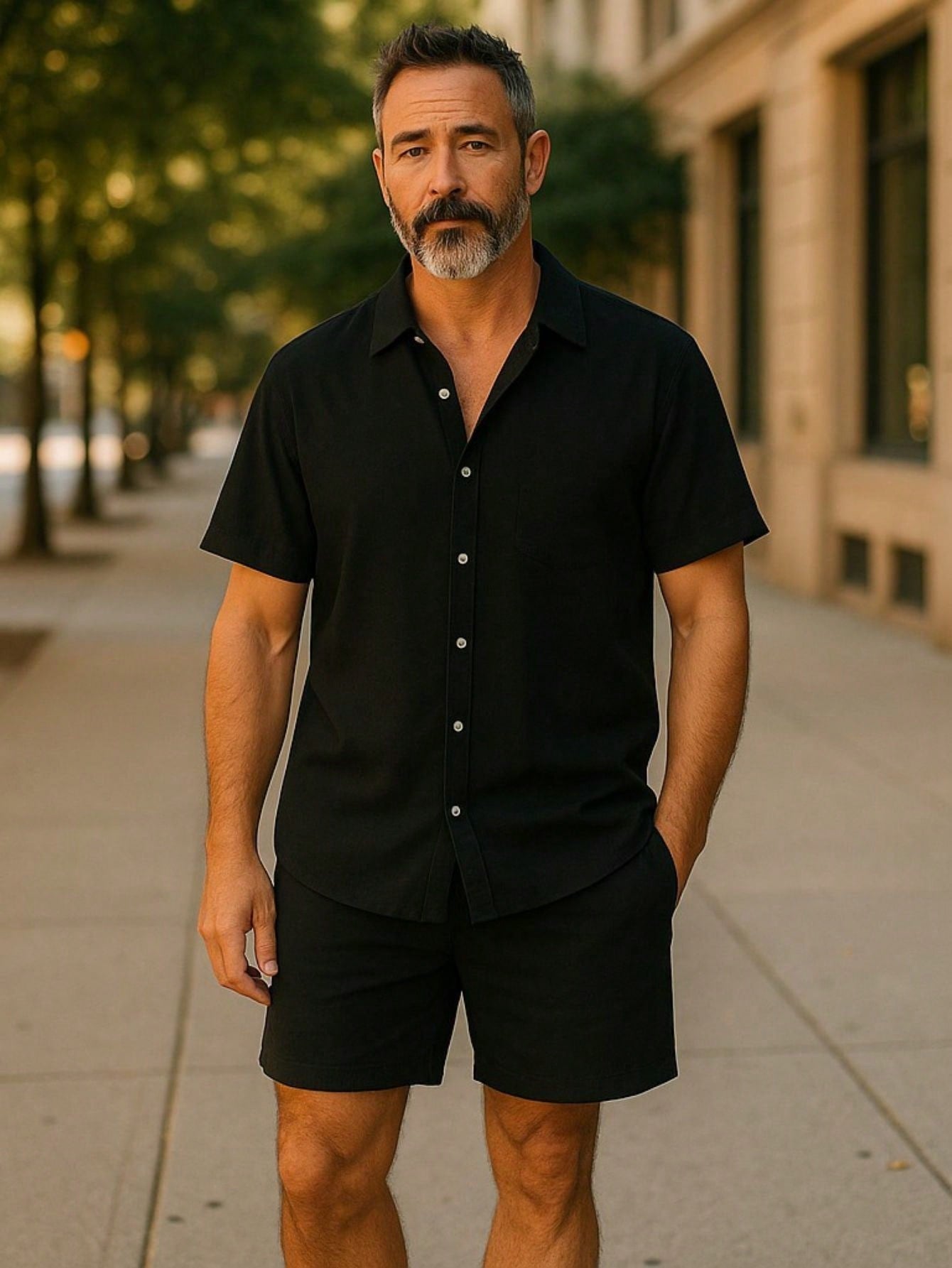 Conjunto Masculino Camisa De Botão E Shorts Em Viscose Preto / PP Conjunto Masculino Camisa De Botão E Shorts Em Viscose