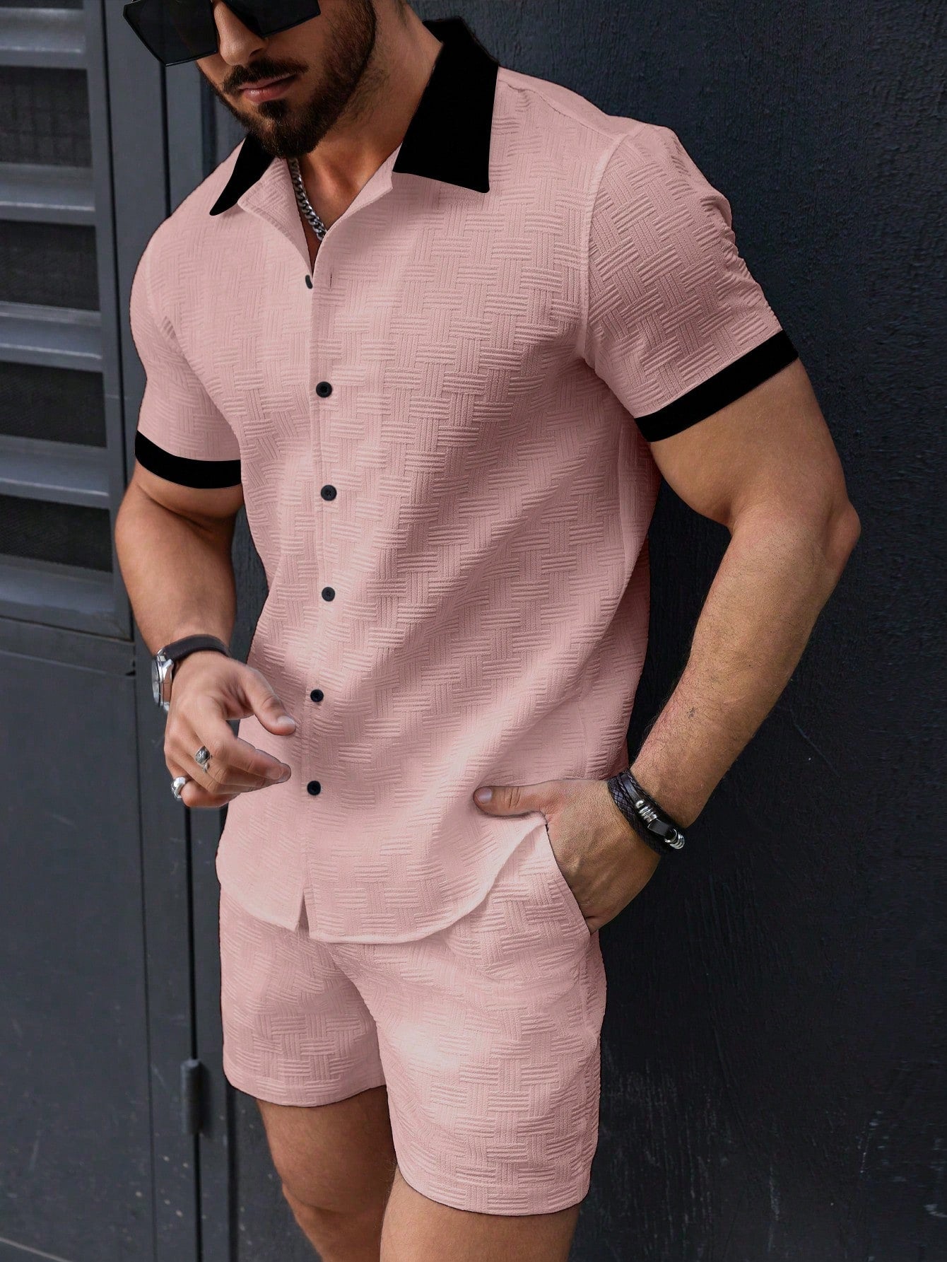 Conjunto Masculino Camisa Casual E Bermuda Tradicional Rosa / PP Conjunto Masculino Camisa Casual E Bermuda Tradicional