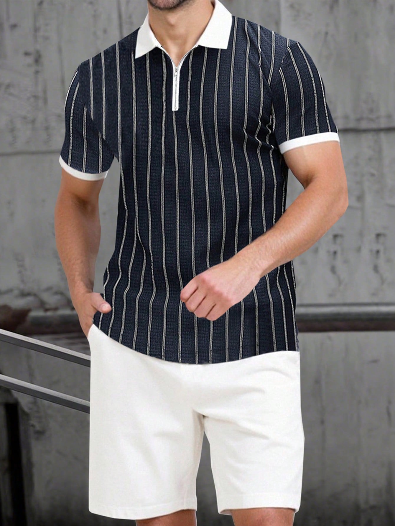 Conjunto Masculino Polo Jacquard Gola Contrastante E Shorts Casuais Conjunto Masculino Polo Jacquard Gola Contrastante