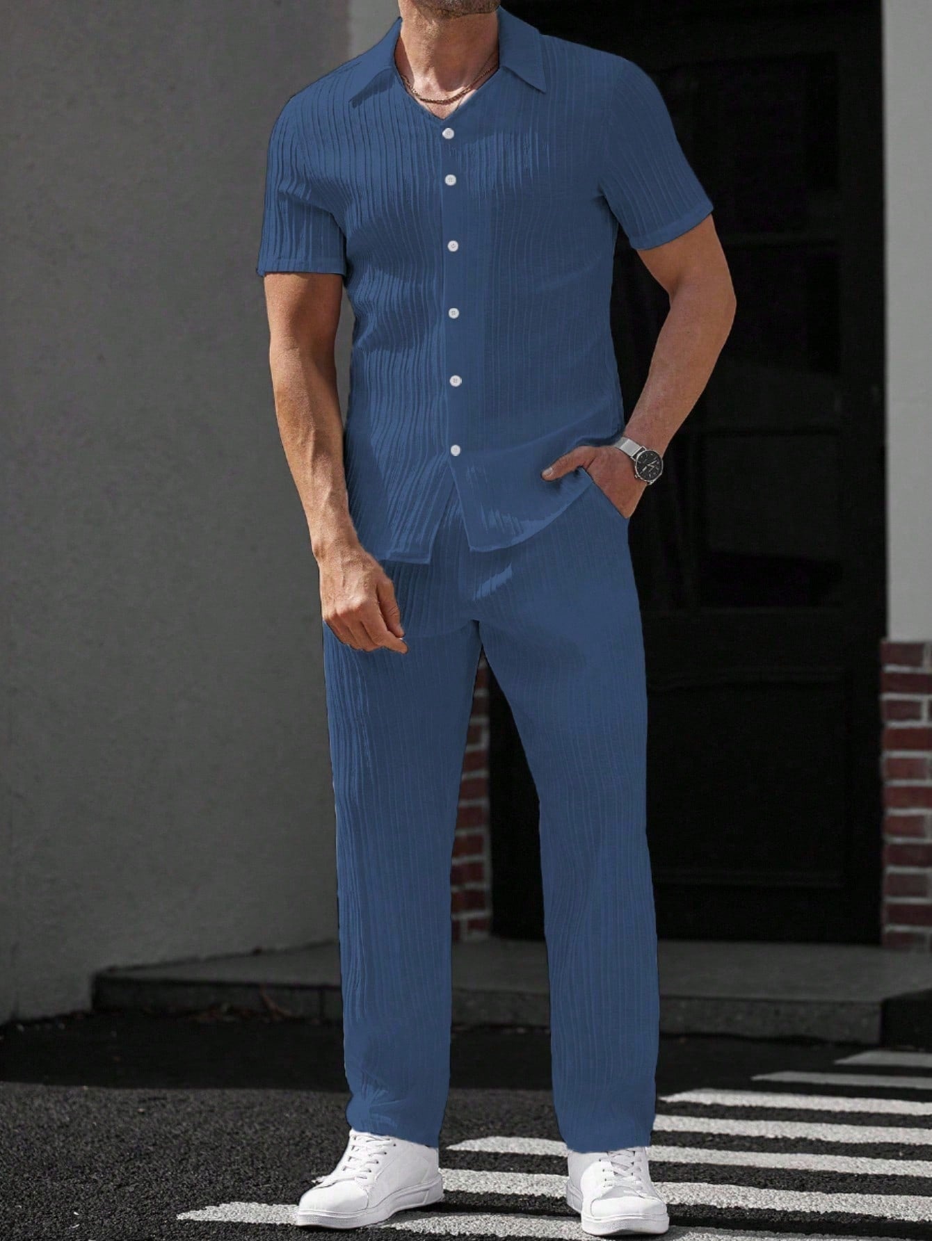 Conjunto Masculino Camisa Canelada E Calça Reta Minimalista Azul / PP Conjunto Masculino Camisa Canelada E Calça Reta