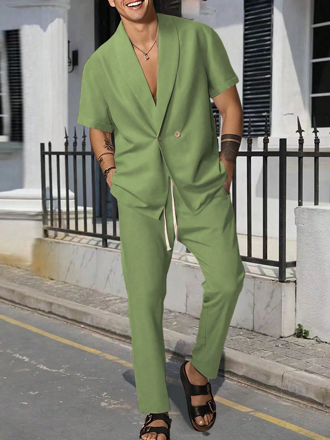 Conjunto Masculino Camisa Lisa Manga Curta E Calça Casual Verde Militar / PP Conjunto Masculino Camisa Lisa Manga Curta