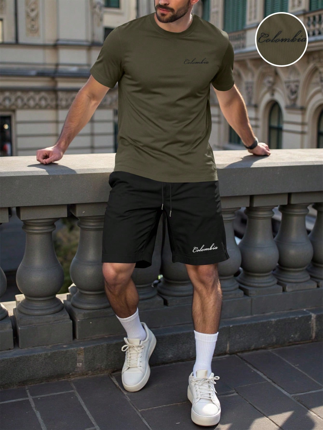 Conjunto Masculino Camiseta Casual E Shorts Com Cós Ajustável Verde Militar / PP Conjunto Masculino Camiseta Casual E