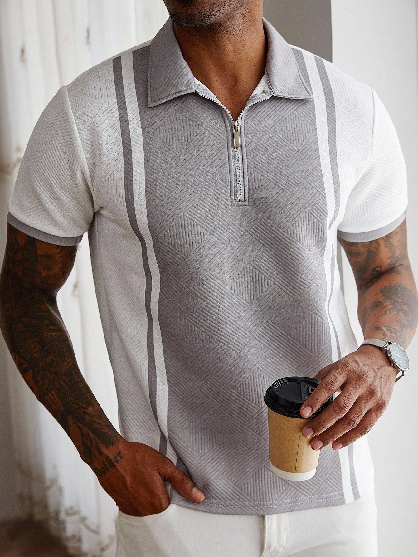 Camisa Polo Masculina Zíper Textura Geométrica Sofisticada Branco / PP Camisa Polo Masculina Zíper Textura Geométrica