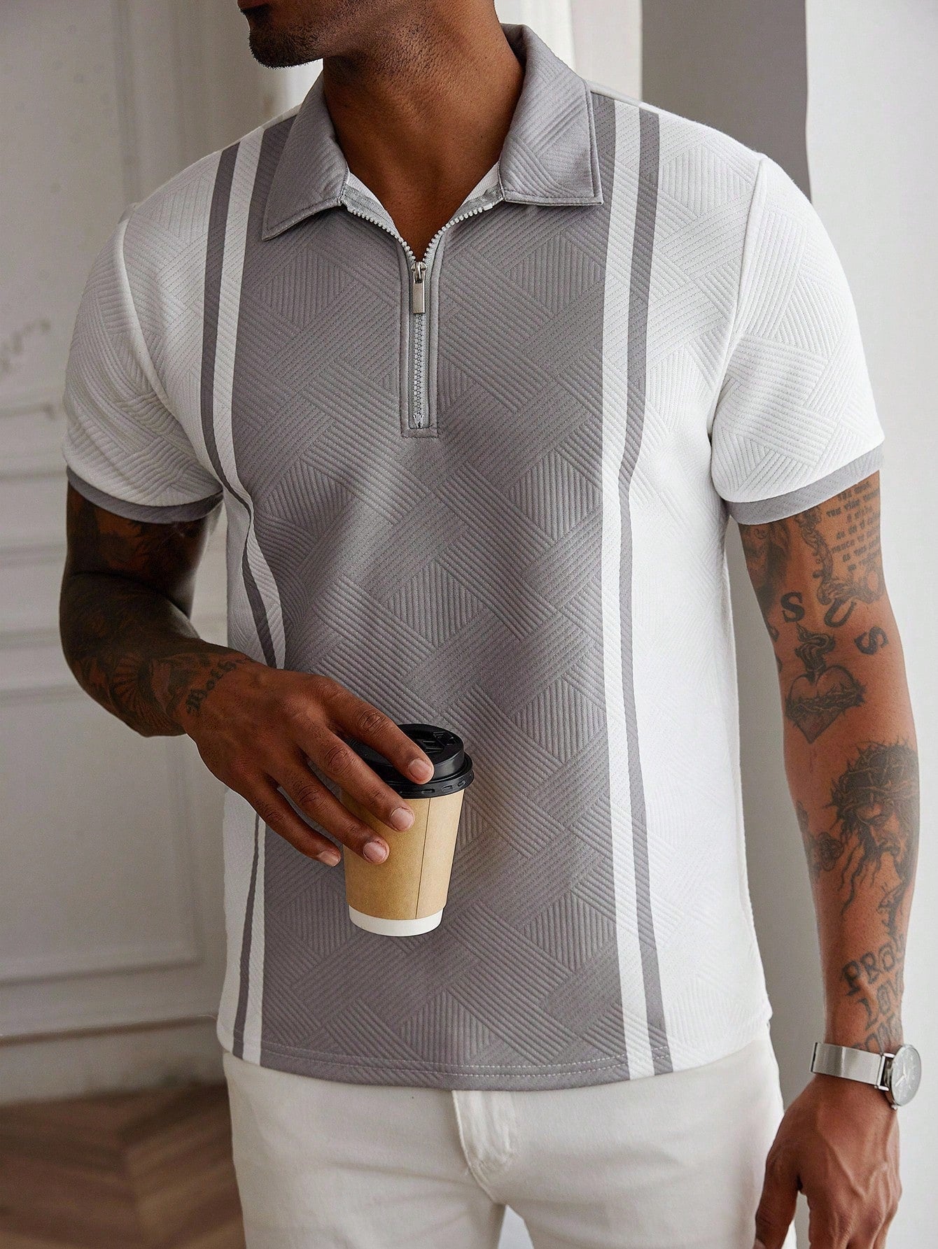 Camisa Polo Masculina Zíper Textura Geométrica Sofisticada Camisa Polo Masculina Zíper Textura Geométrica Sofisticada