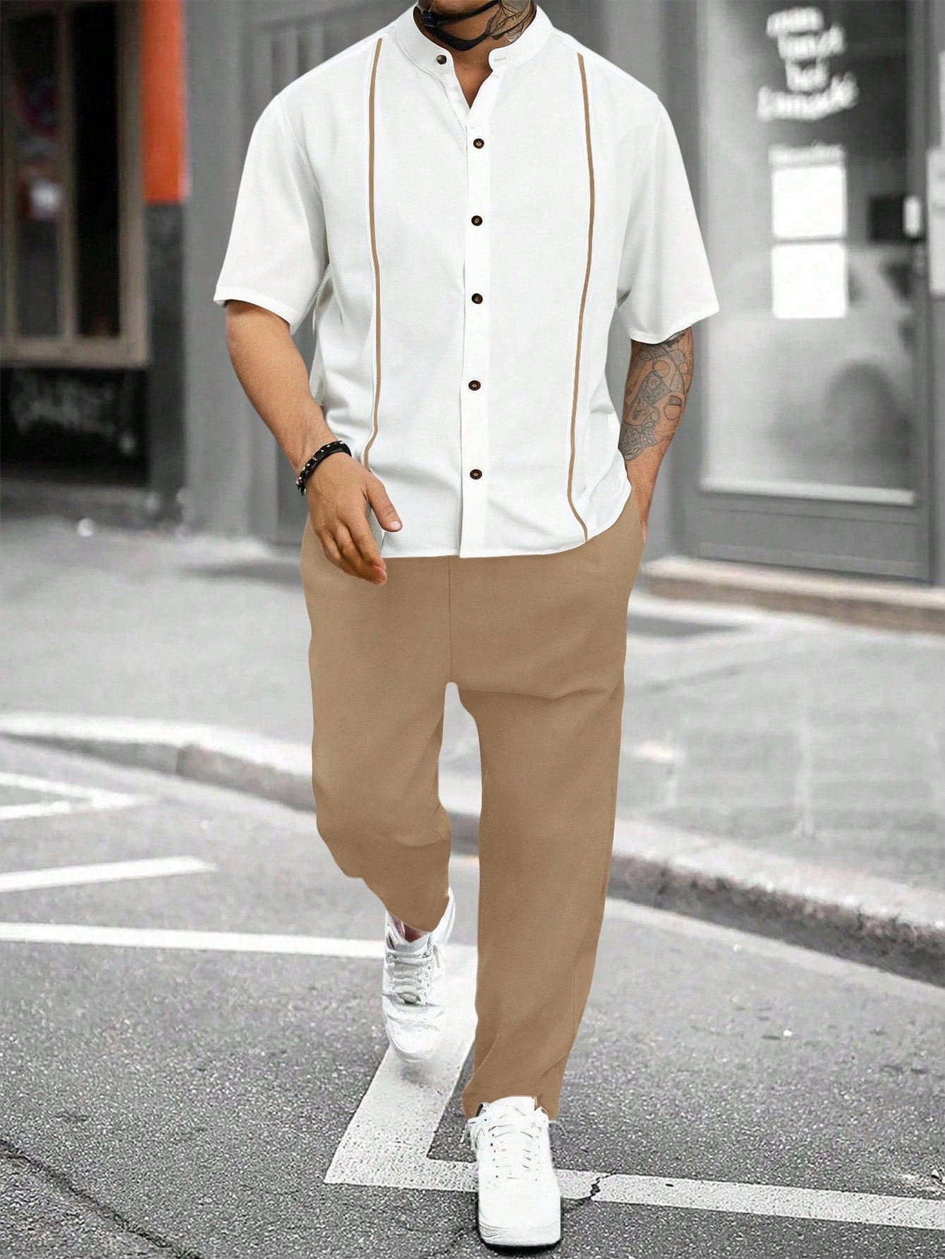 Conjunto Masculino Camisa Manga Curta E Calça Casual Versátil Bege / PP Conjunto Masculino Camisa Manga Curta E Calça