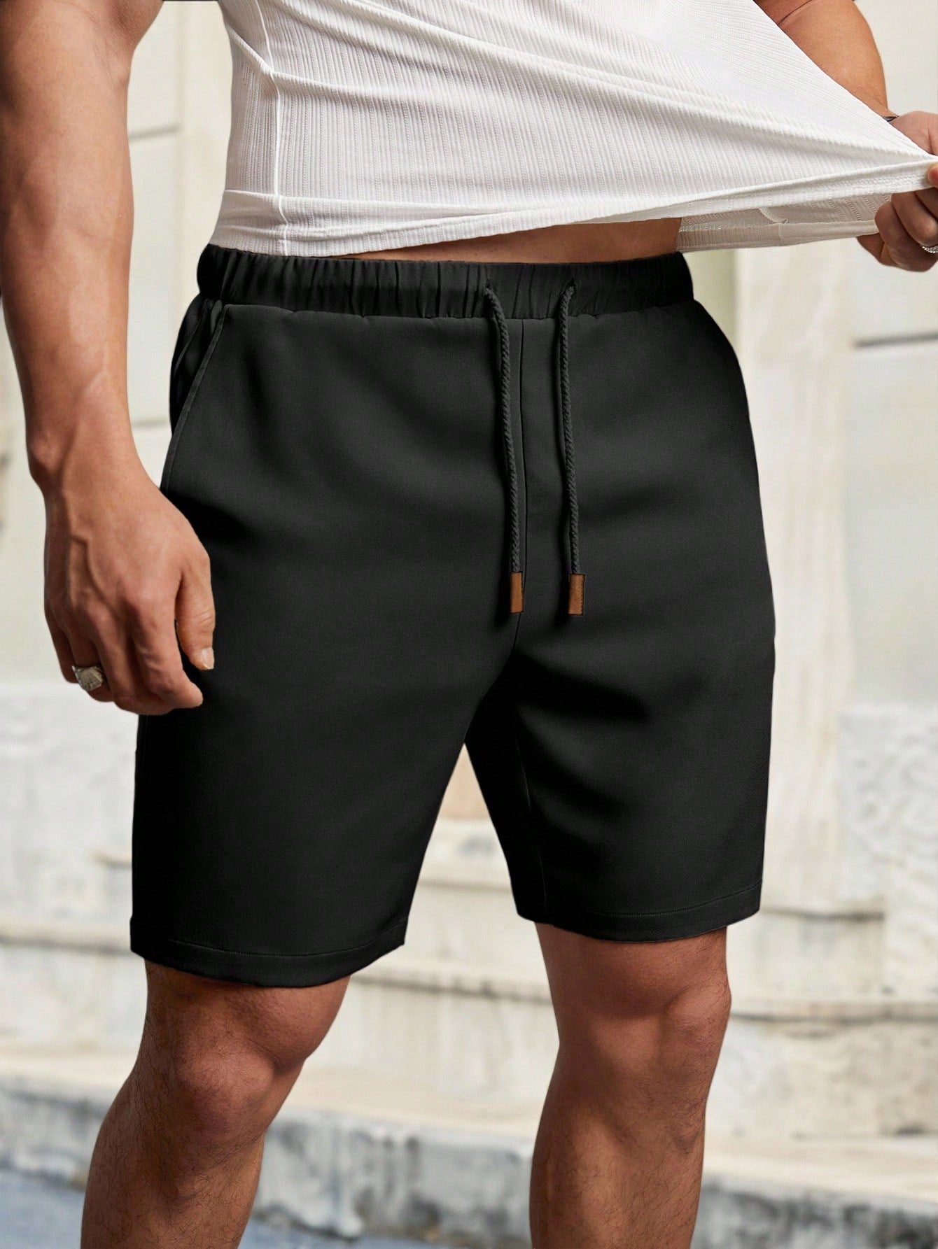 Shorts Masculino Casual Com Cós Elástico E Cordão Ajustável Preto / PP Shorts Masculino Casual Com Cós Elástico E