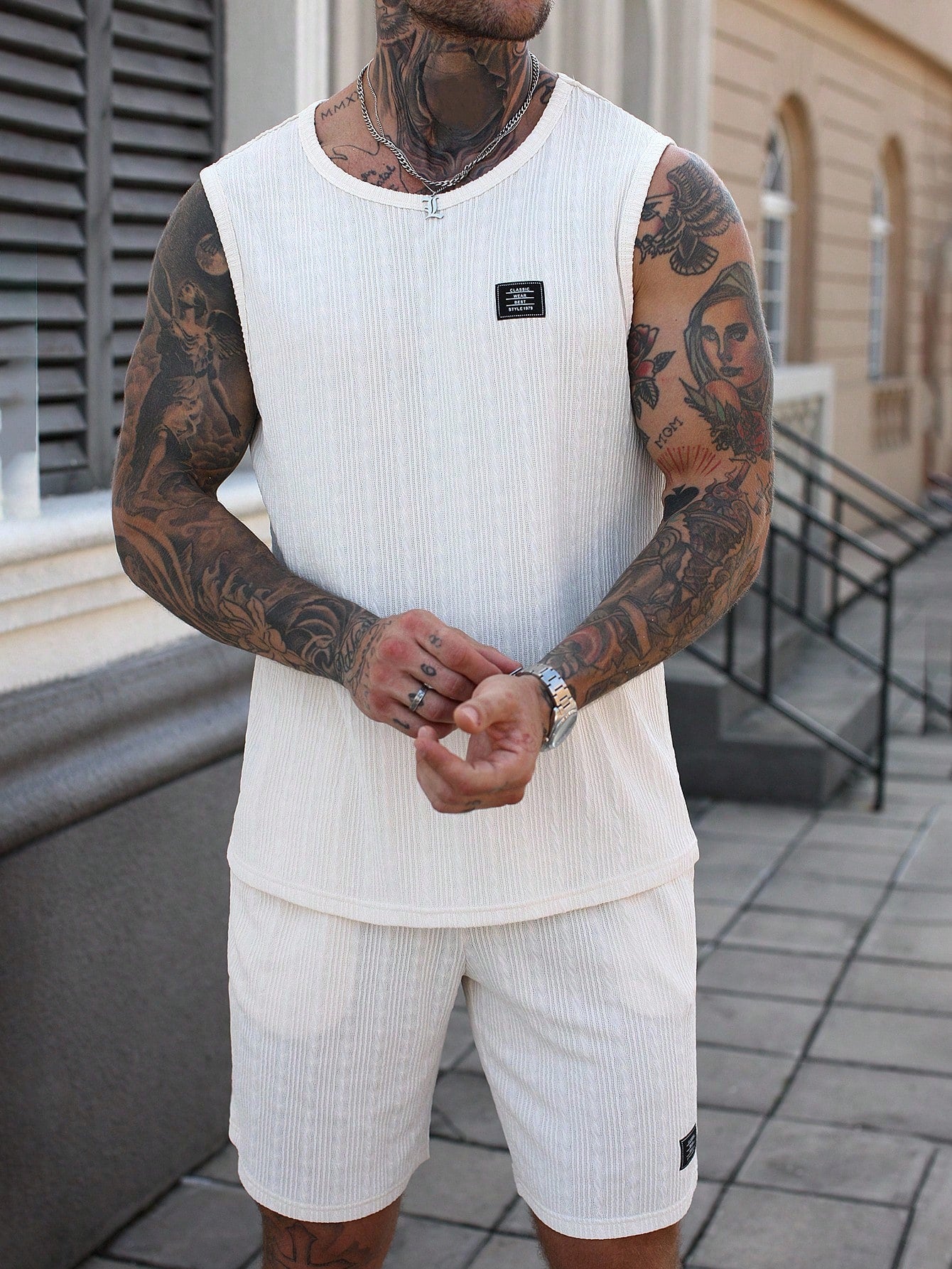 Conjunto Masculino Regata Jacquard E Shorts Cós Ajustável Branco / PP Conjunto Masculino Regata Jacquard E Shorts Cós