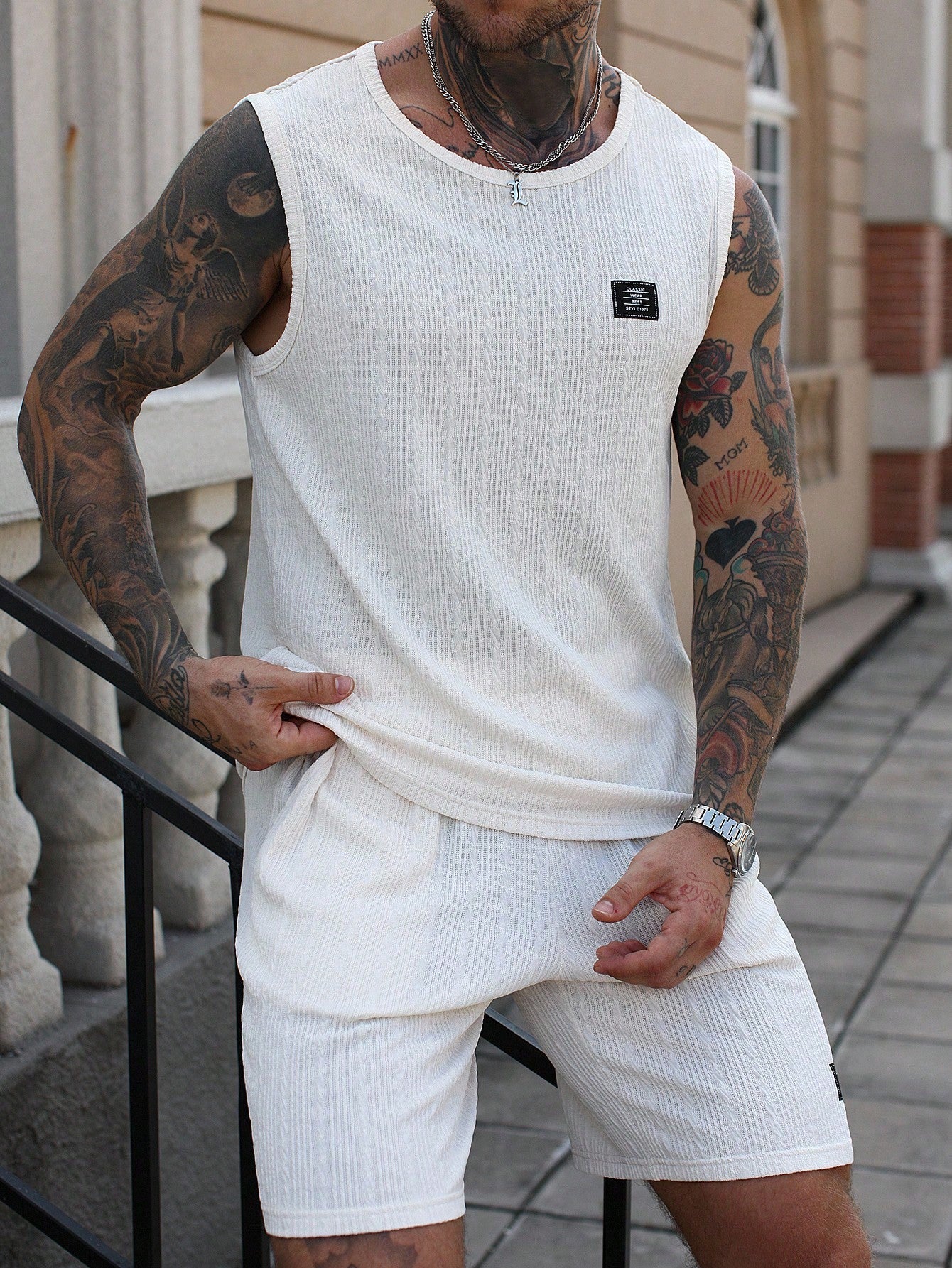 Conjunto Masculino Regata Jacquard E Shorts Cós Ajustável Conjunto Masculino Regata Jacquard E Shorts Cós Ajustável