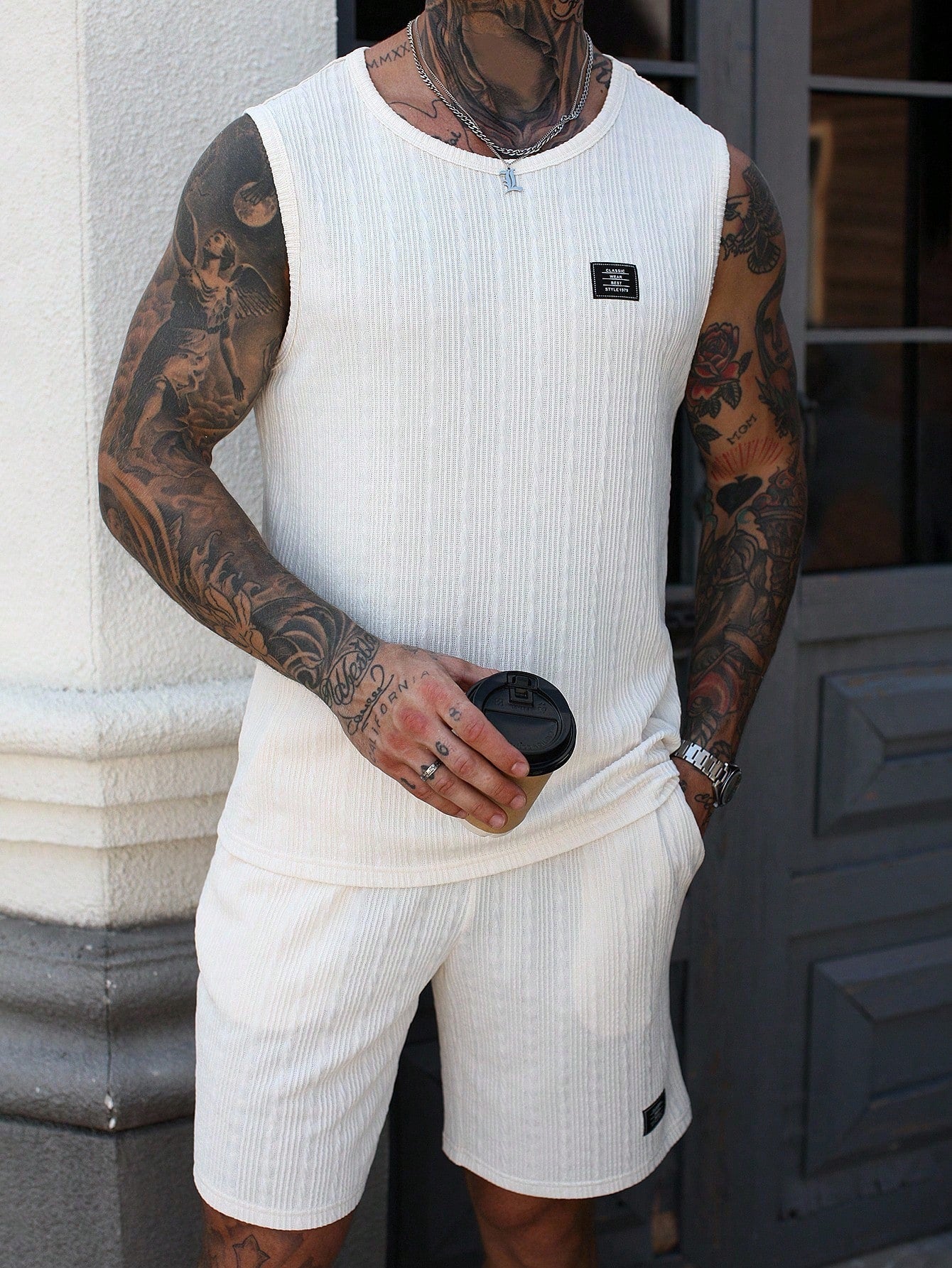 Conjunto Masculino Regata Jacquard E Shorts Cós Ajustável Conjunto Masculino Regata Jacquard E Shorts Cós Ajustável