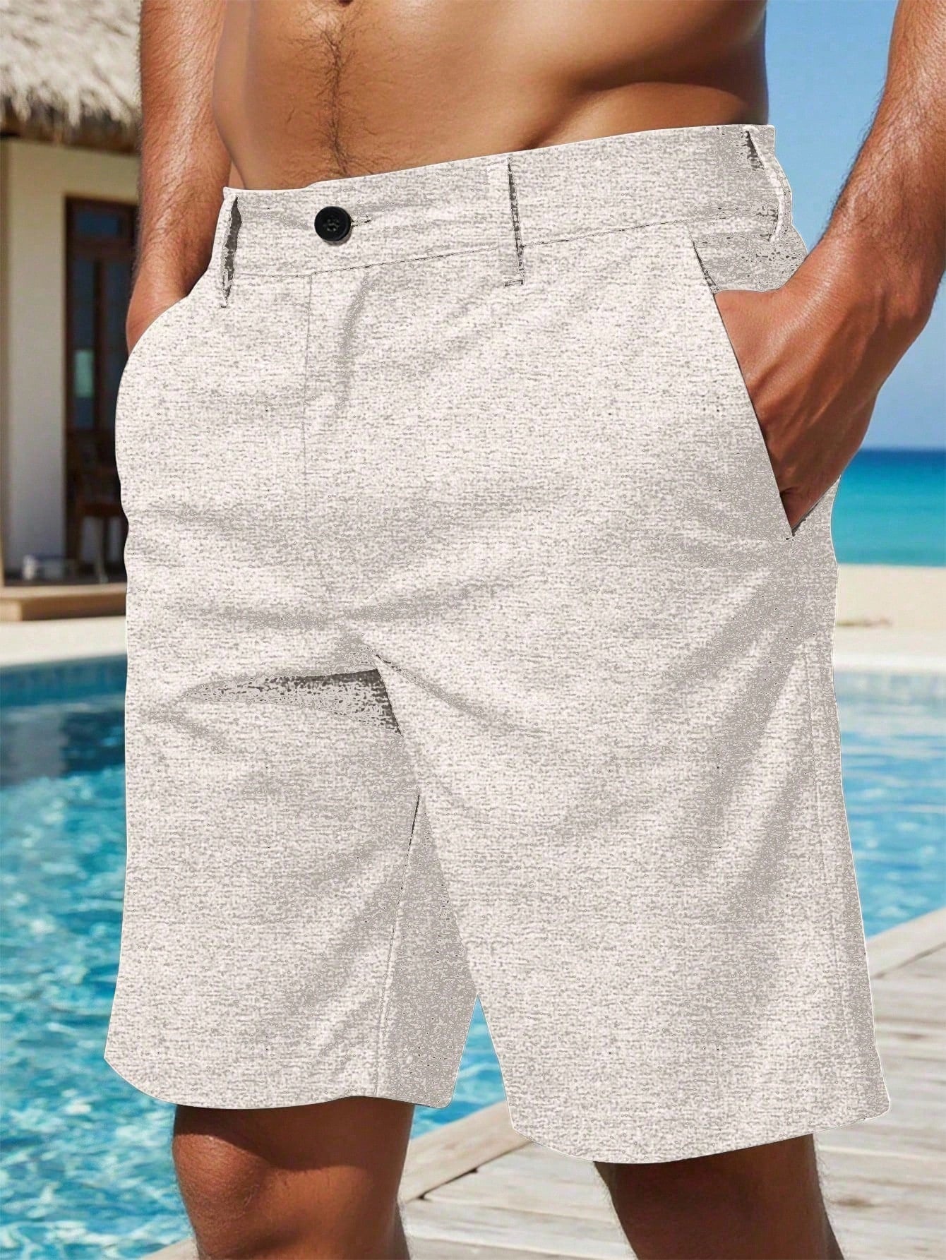 Shorts Masculino Linho Com Bolsos Diagonais E Caimento Solto Caqui / PP Shorts Masculino Casual Com Bolsos Laterais E