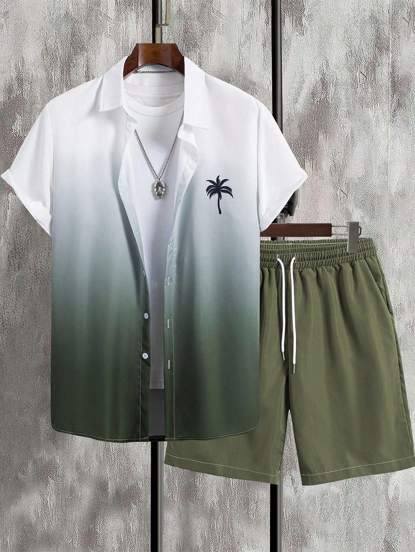 Conjunto Masculino Camisa Manga Curta Estampa Ombre E Shorts Casuais Verde Militar / PP Conjunto Masculino Camisa Manga