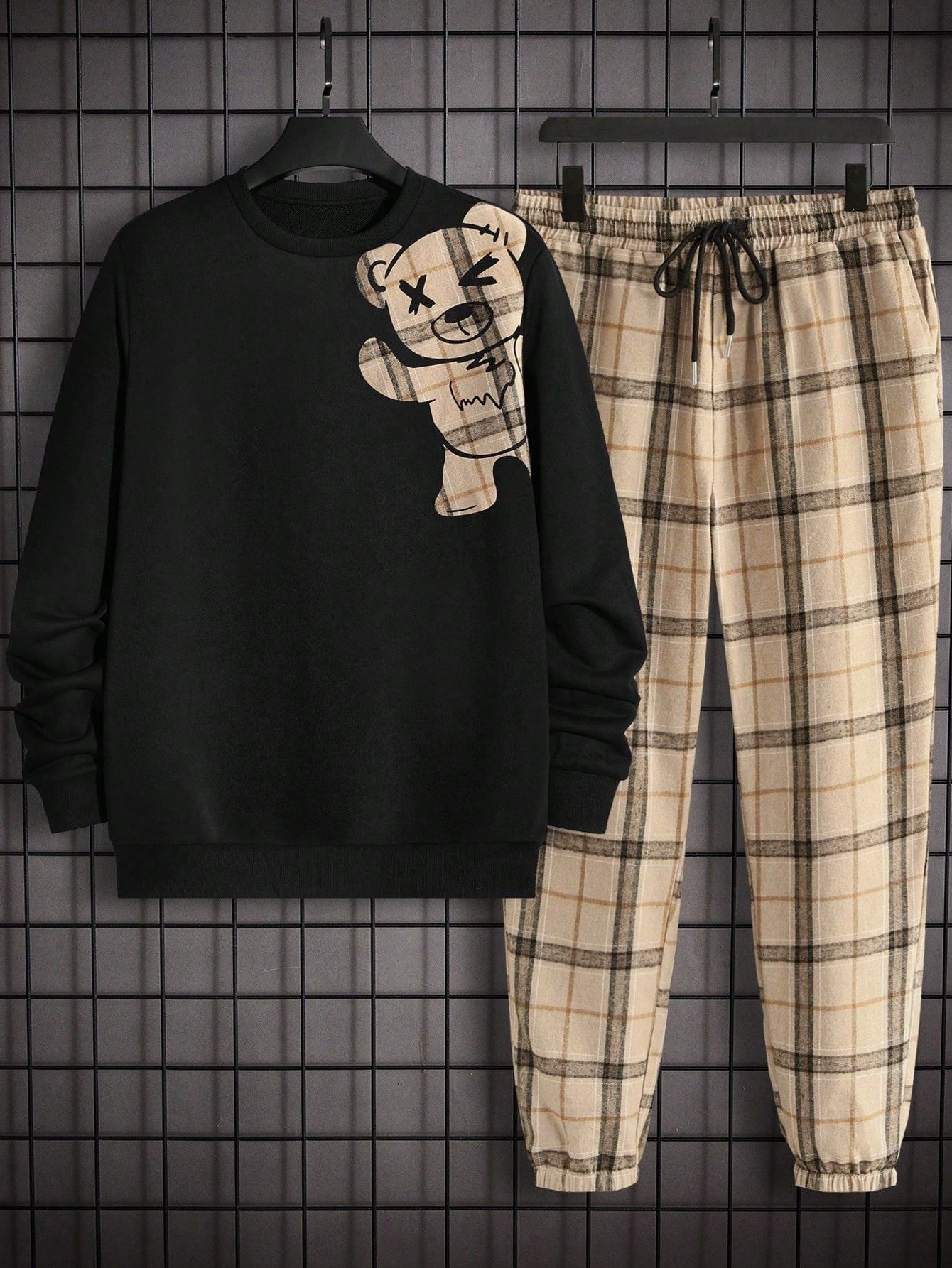 Conjunto Masculino Moletom Ursinho E Calça Xadrez Estilo Casual Preto / PP Conjunto Masculino Moletom Ursinho E Calça