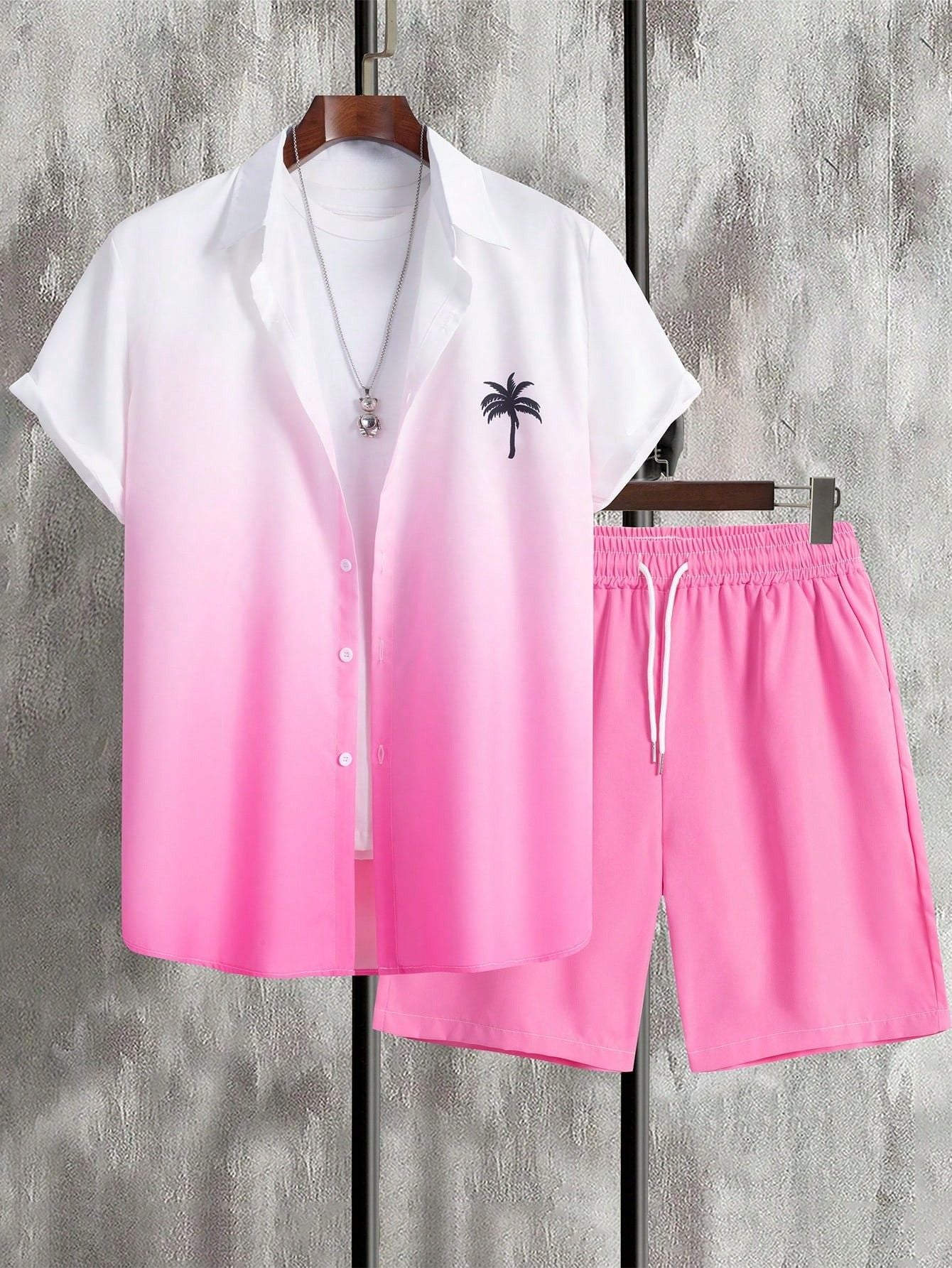 Conjunto Masculino Camisa Manga Curta Estampa Ombre E Shorts Casuais Rosa / PP Conjunto Masculino Camisa Manga Curta