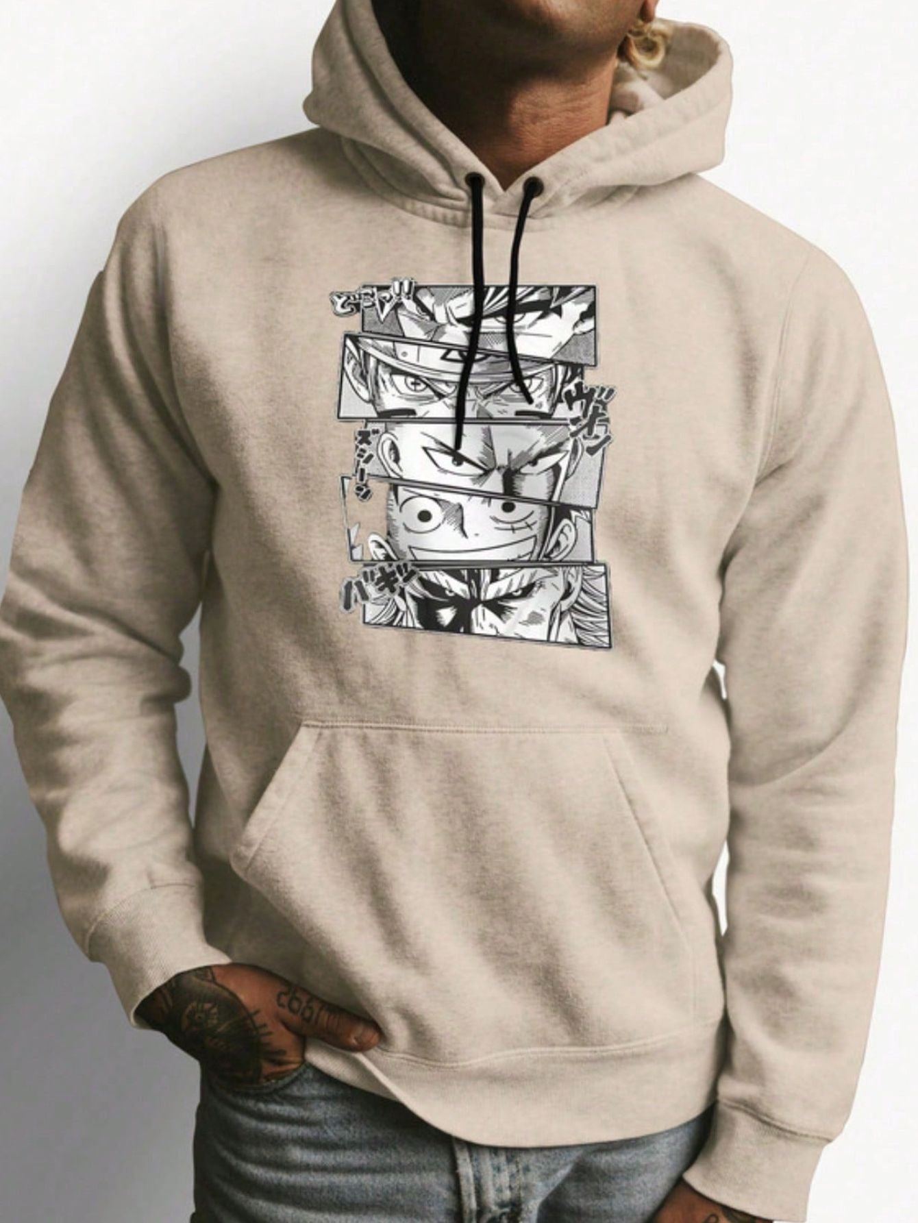 Moletom Masculino Estampa De Animes Com Capuz Bege / PP Moletom Masculino Estampa De Animes Com Capuz