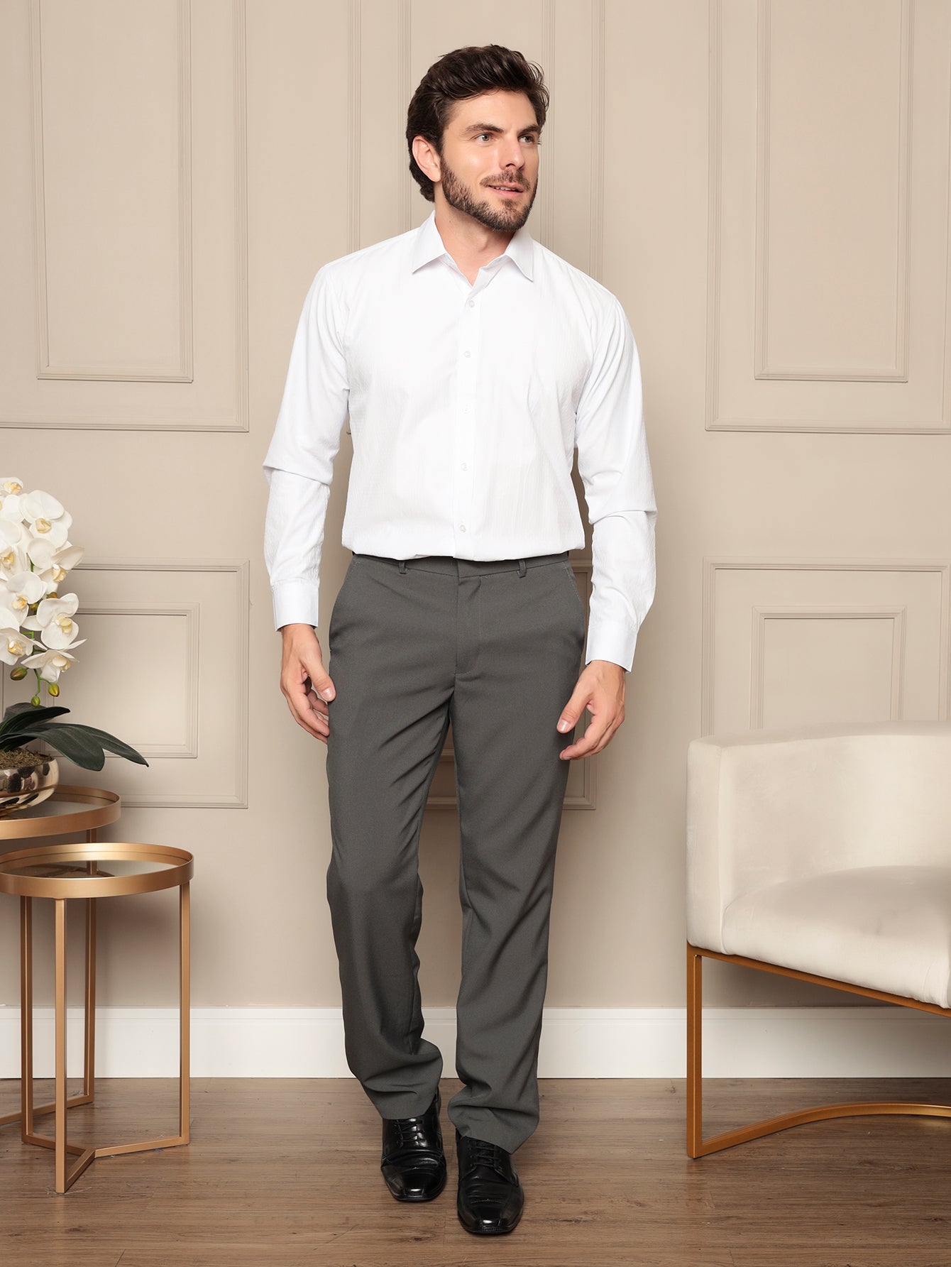 Calça Masculina Social Slim Fit Com Cós E Bolso Lateral Chumbo / PP Calça Masculina Social Slim Fit Com Cós E Bolso