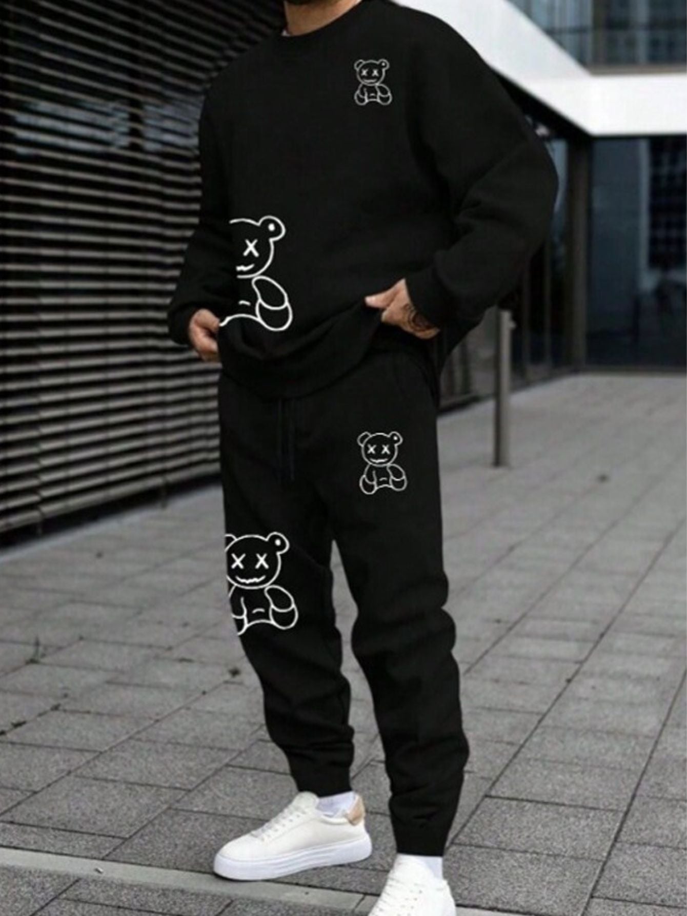 Conjunto Masculino Moletom Estampa Ursinho Estilo Divertido Preto / PP Conjunto Masculino Moletom Estampa Ursinho