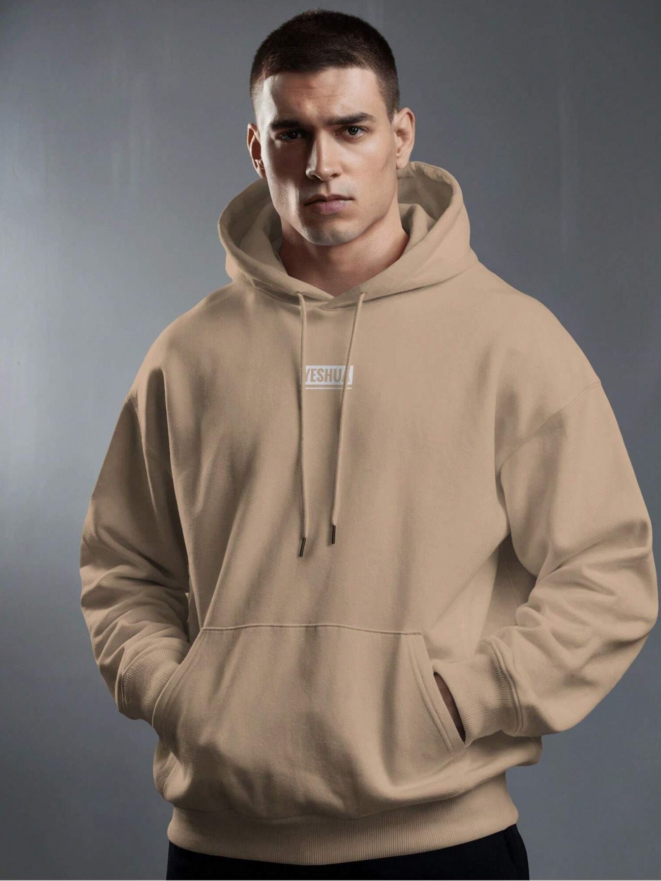 Moletom Masculino Com Capuz Estampa Canguru E Bolso Frontal Caqui / PP Moletom Masculino Com Capuz Estampa Canguru E