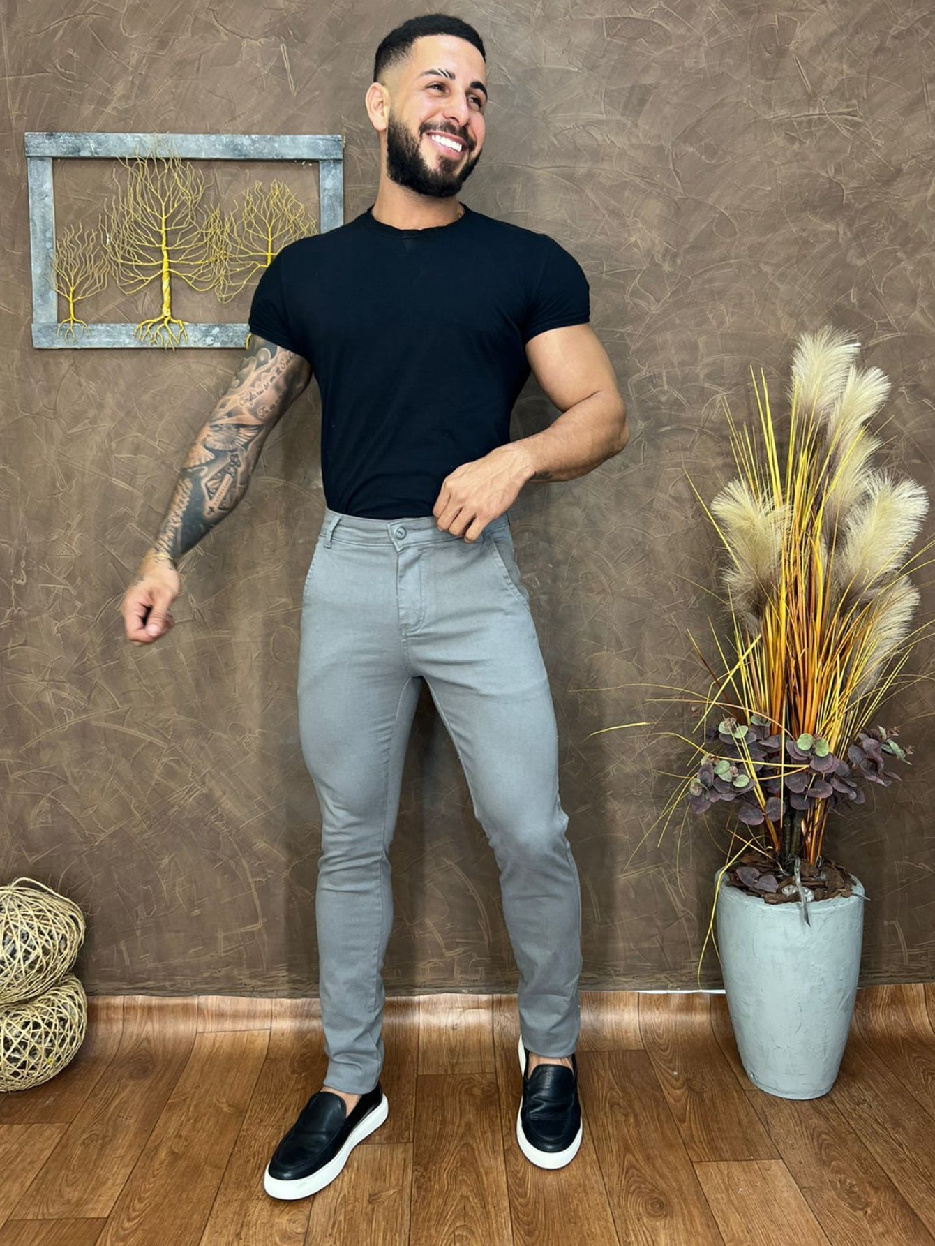 Calça Masculina Jeans Slim Fit Costura Contrastante E Lavagem Atual Cinza / PP Calça Masculina Jeans Slim Fit Costura