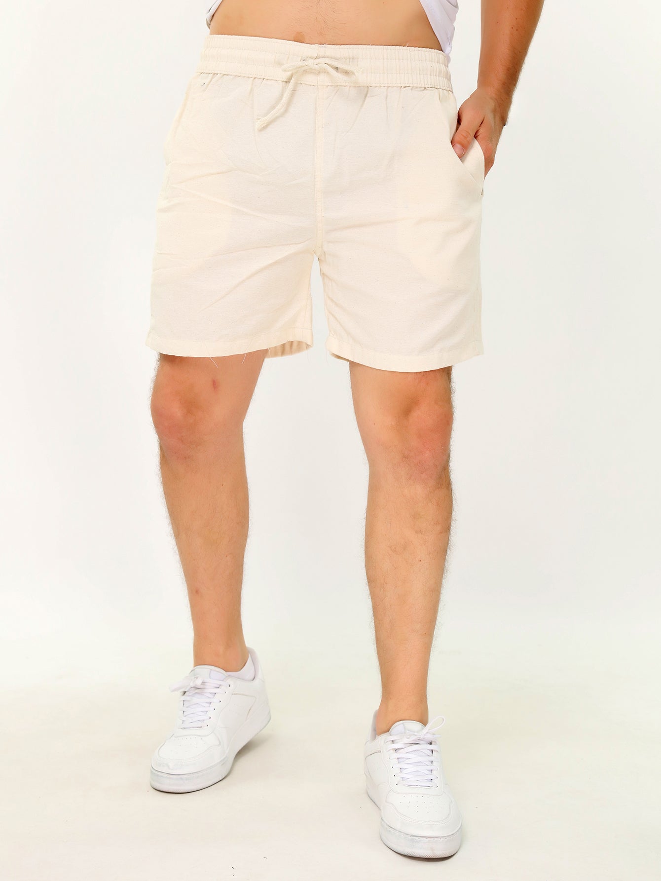 Shorts Masculino Casual Com Cós Elástico E Cordão Ajustável Bege / PP Shorts Masculino Casual Com Cós Elástico E Cordão