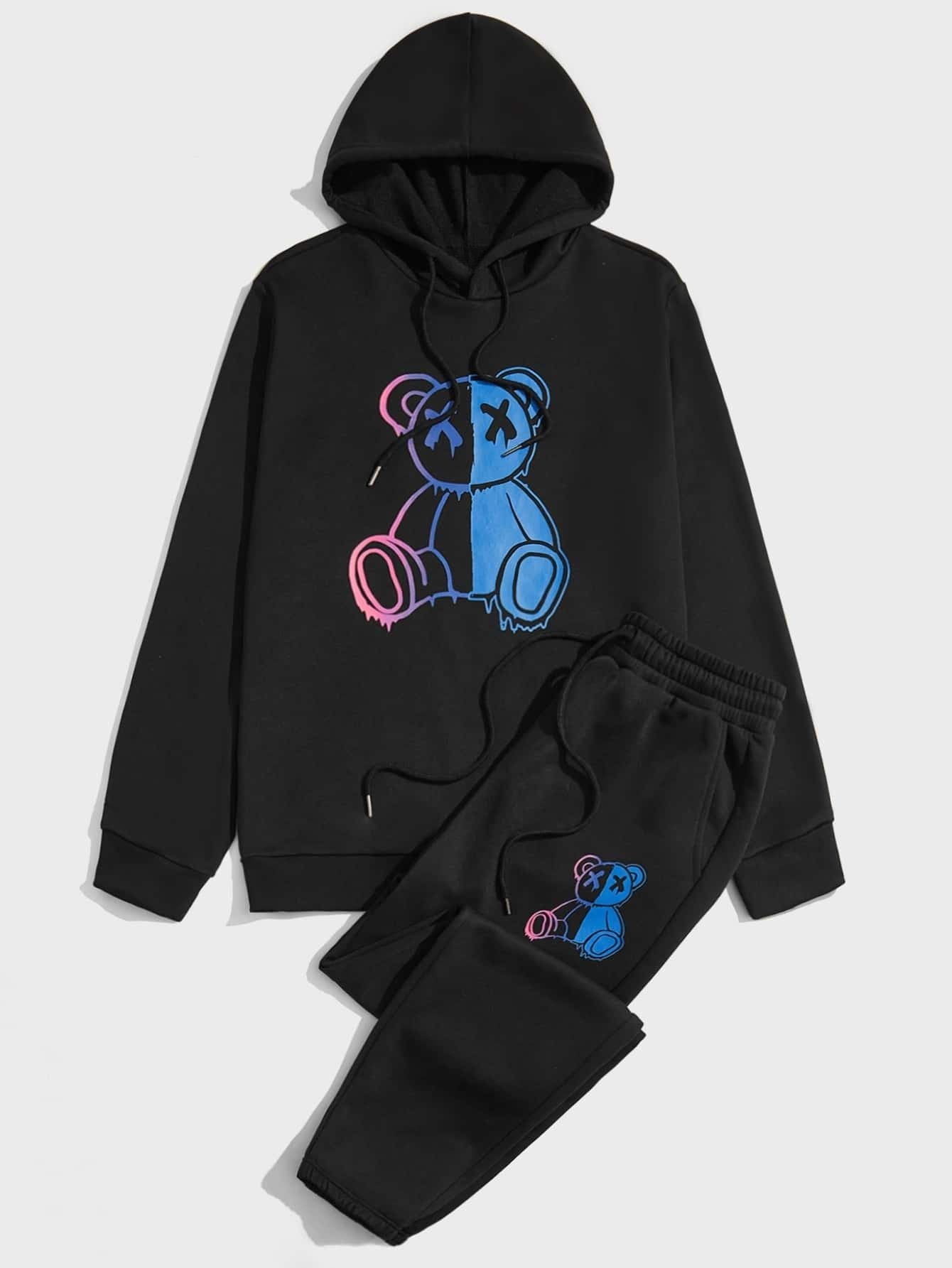 Conjunto Masculino Moletom Estampa Ursinho Neon Estilo Urbano Preto / PP Conjunto Masculino Moletom Estampa Ursinho